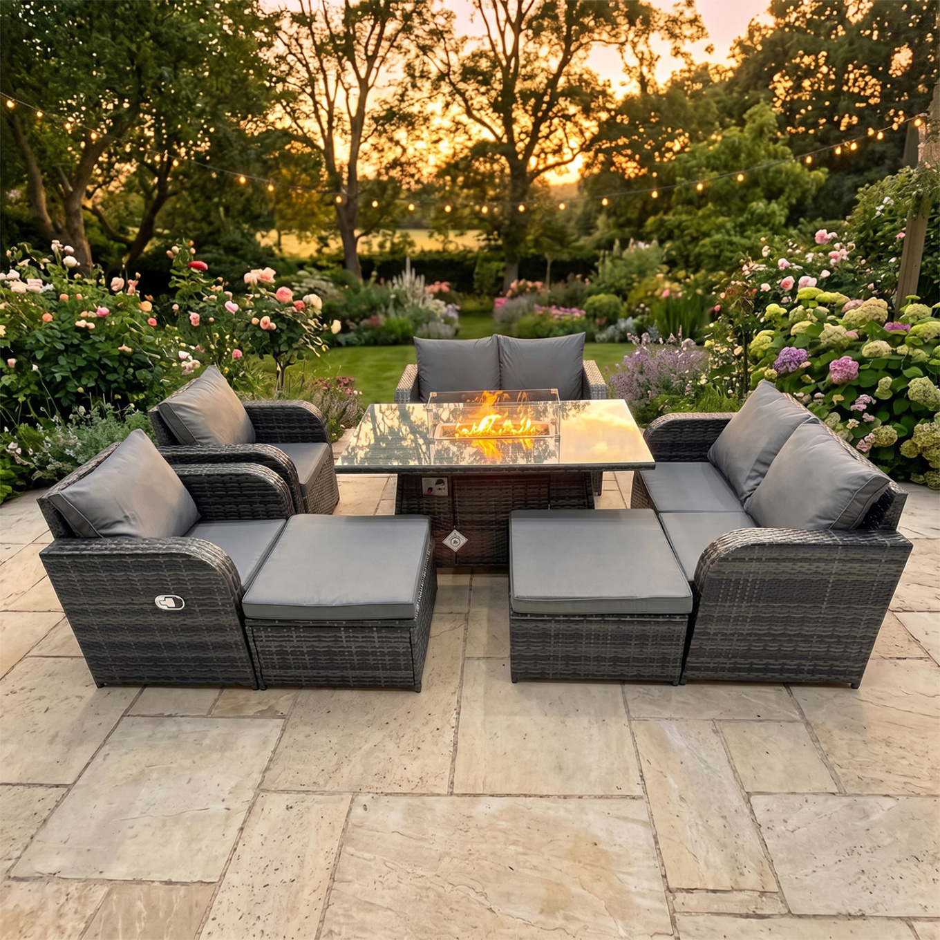 Fimous Dark/Grey 8 Seater Rattan Patio Set With Gas Fire Pit Dining Table, 2 Reclining Chairs, 2 Sofas & 2 Footstools - Mixed