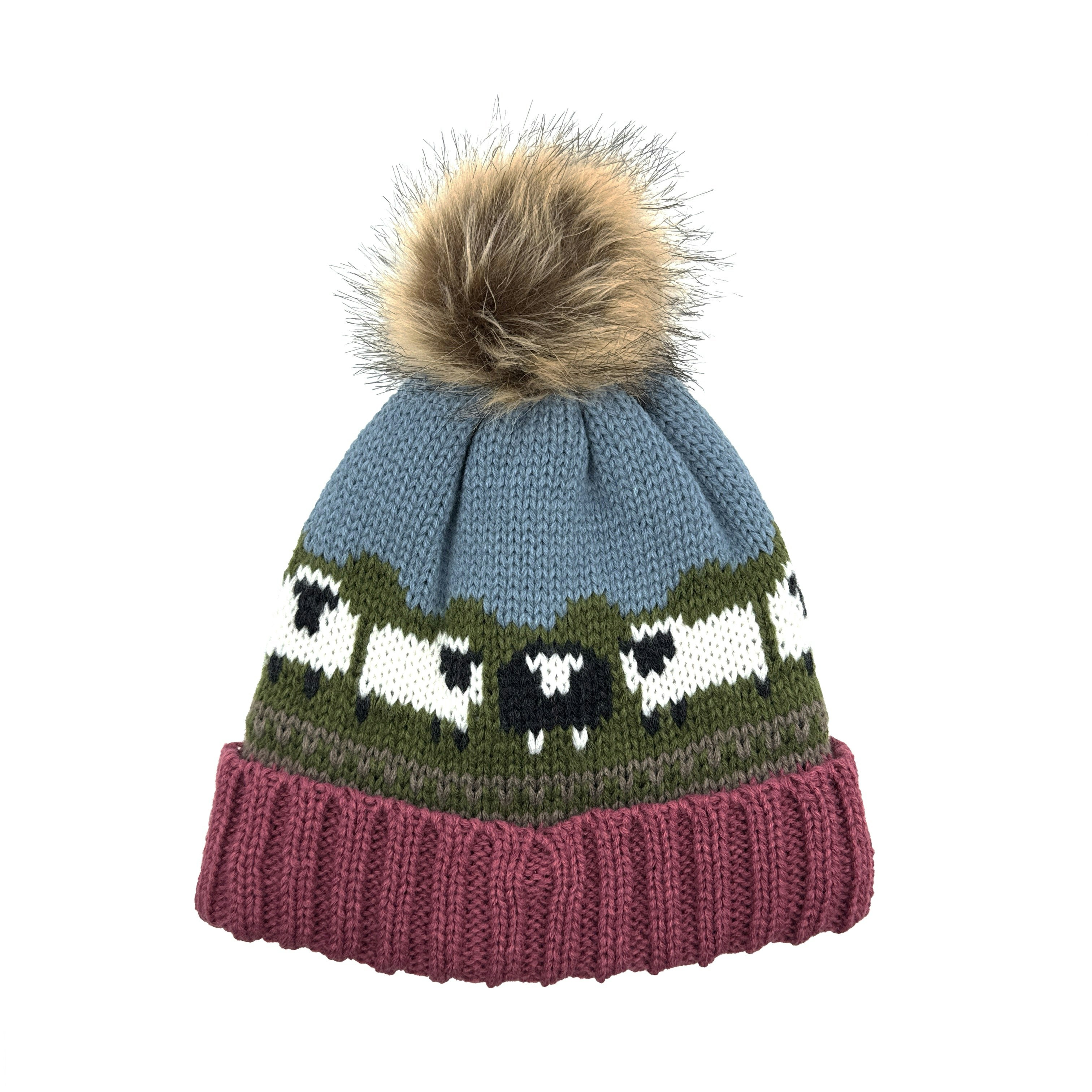 Aran Traditions Aran Knitted Pom Pom Sheep Beanie - Rose