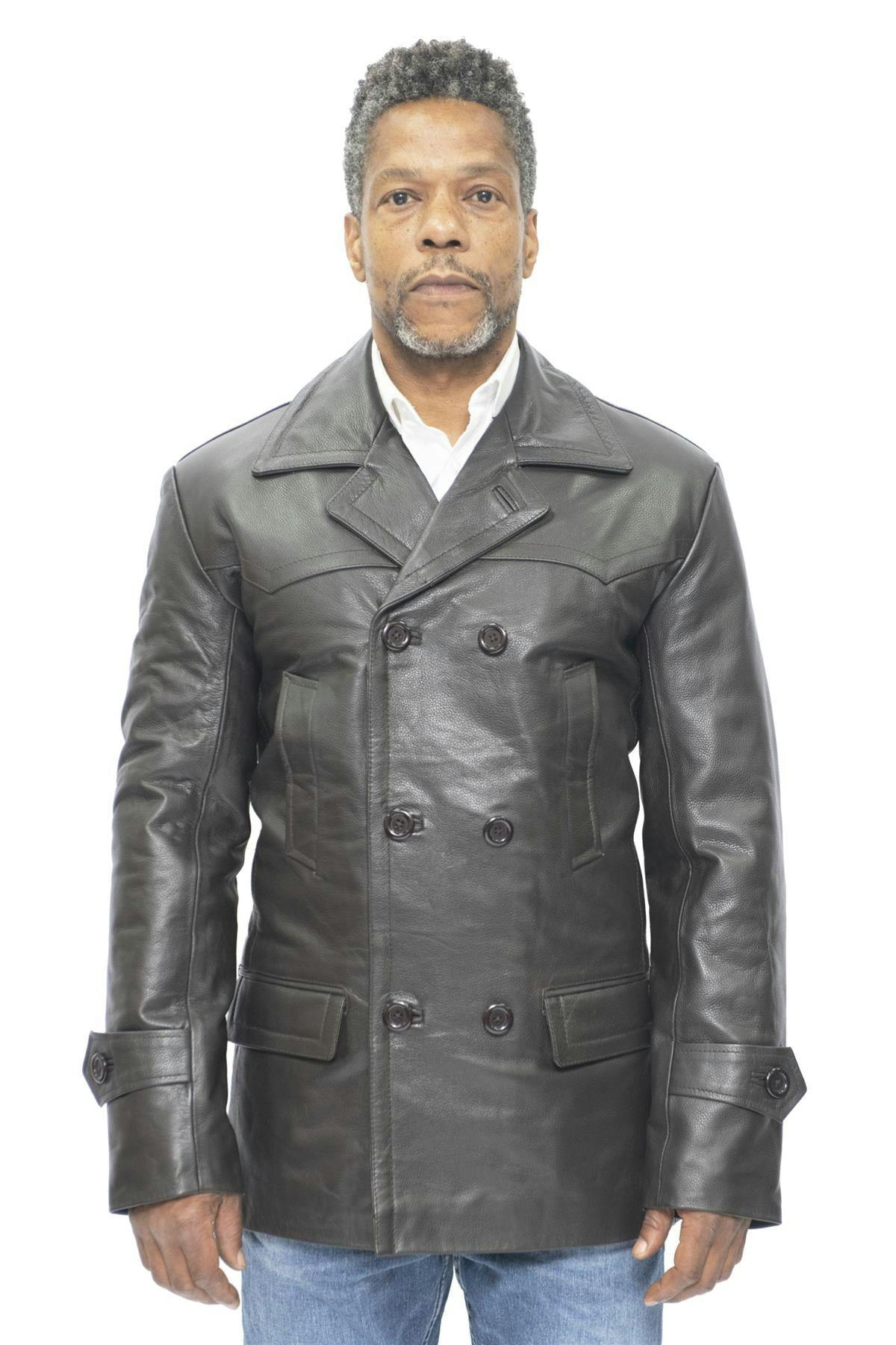 Infinity Leather Men's Brown Cowhide Leather Peacoat-Krakaw - Uk 4XL | Eu 58 | Us 48