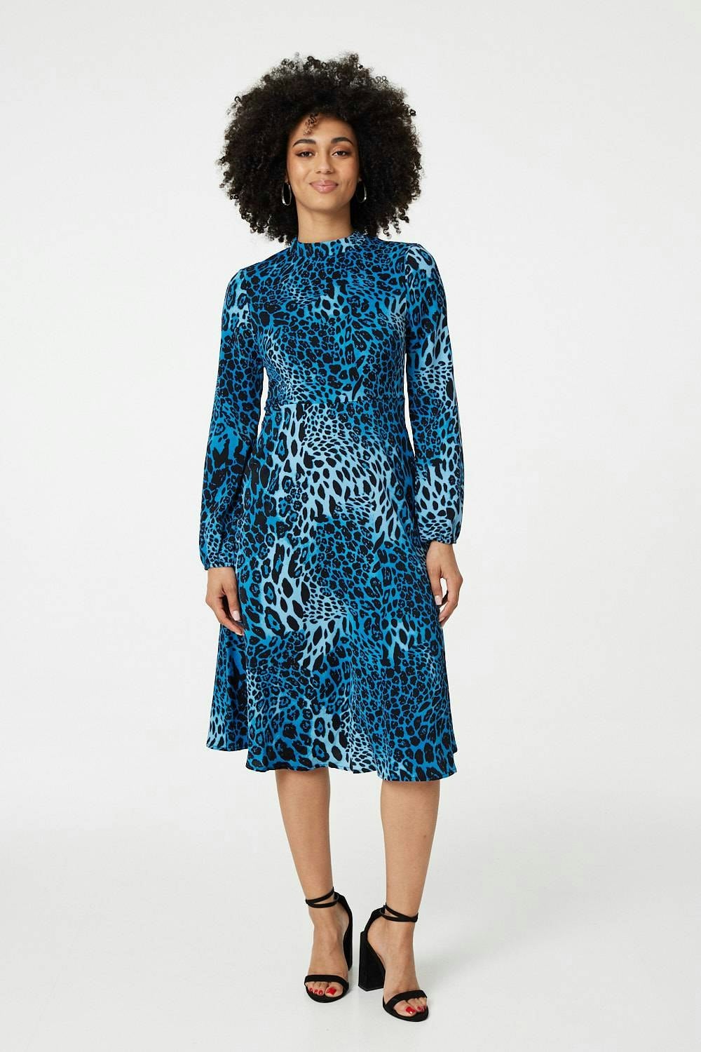 Izabel London Blue Leopard Print Long Sleeve Midi Dress - 8