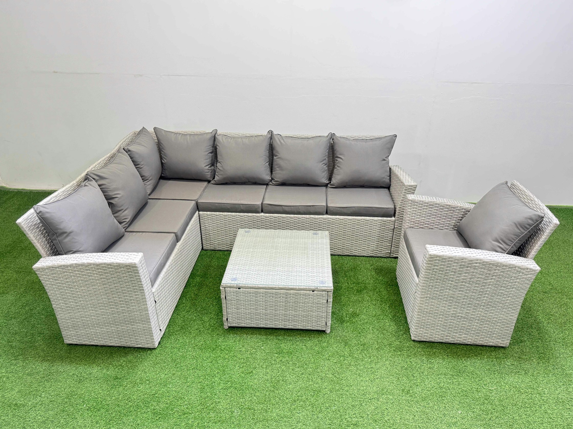 Fimous Light/Grey Outdoor Rattan Garden Furniture Set 7 Seater Corner Sofa Sets With Square Coffee Table Chair Mixed