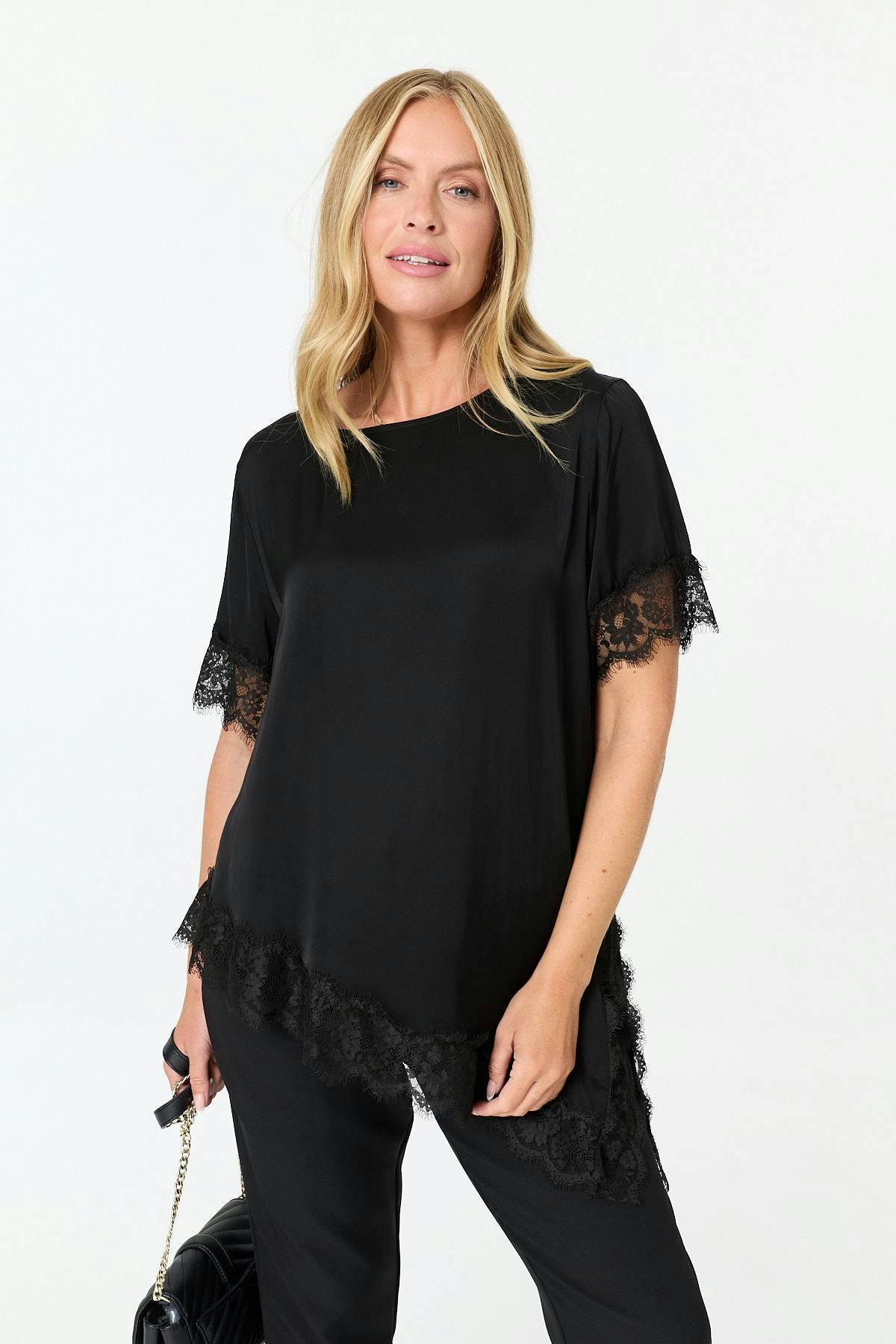 Izabel London Black Lace Trim Asymmetric 1/2 Sleeve Top - S/M