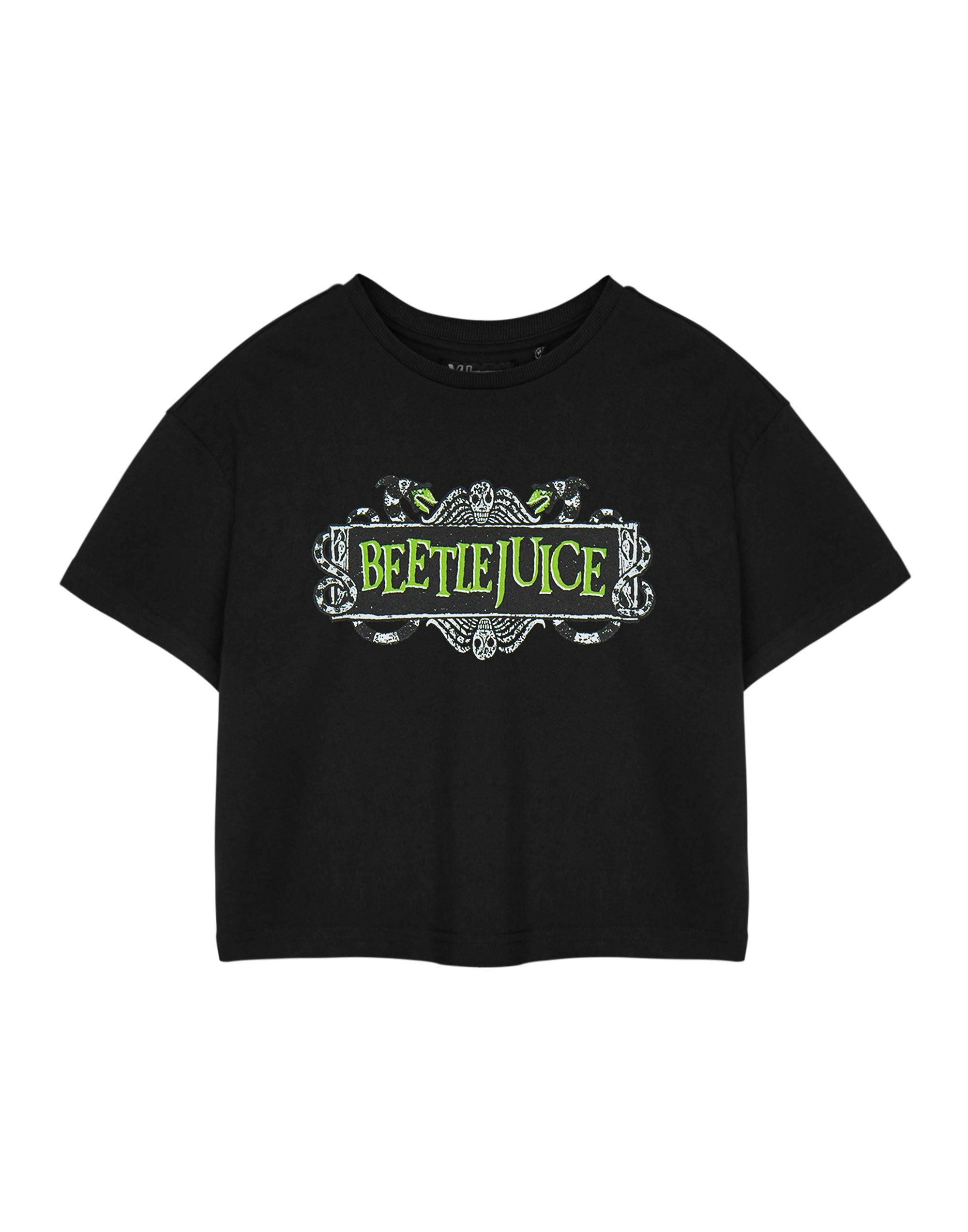 Vanilla Underground Women's Black Beetlejuice Beetlejuice Logo Crop Top Cropped Short Sleeved T-Shirt - XXX-Large