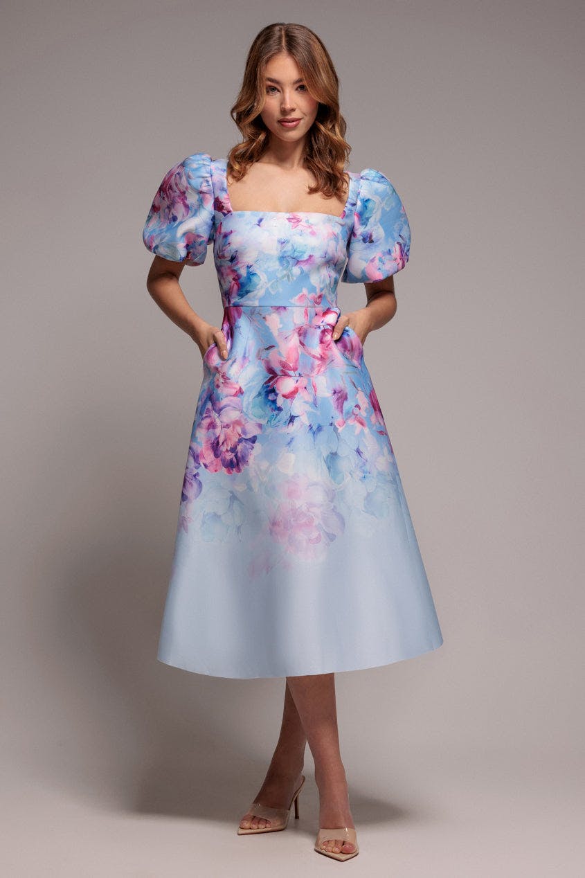 Goddiva Blue Printed Scuba Square Neck Puff Sleeve Midi Dress - By - 10