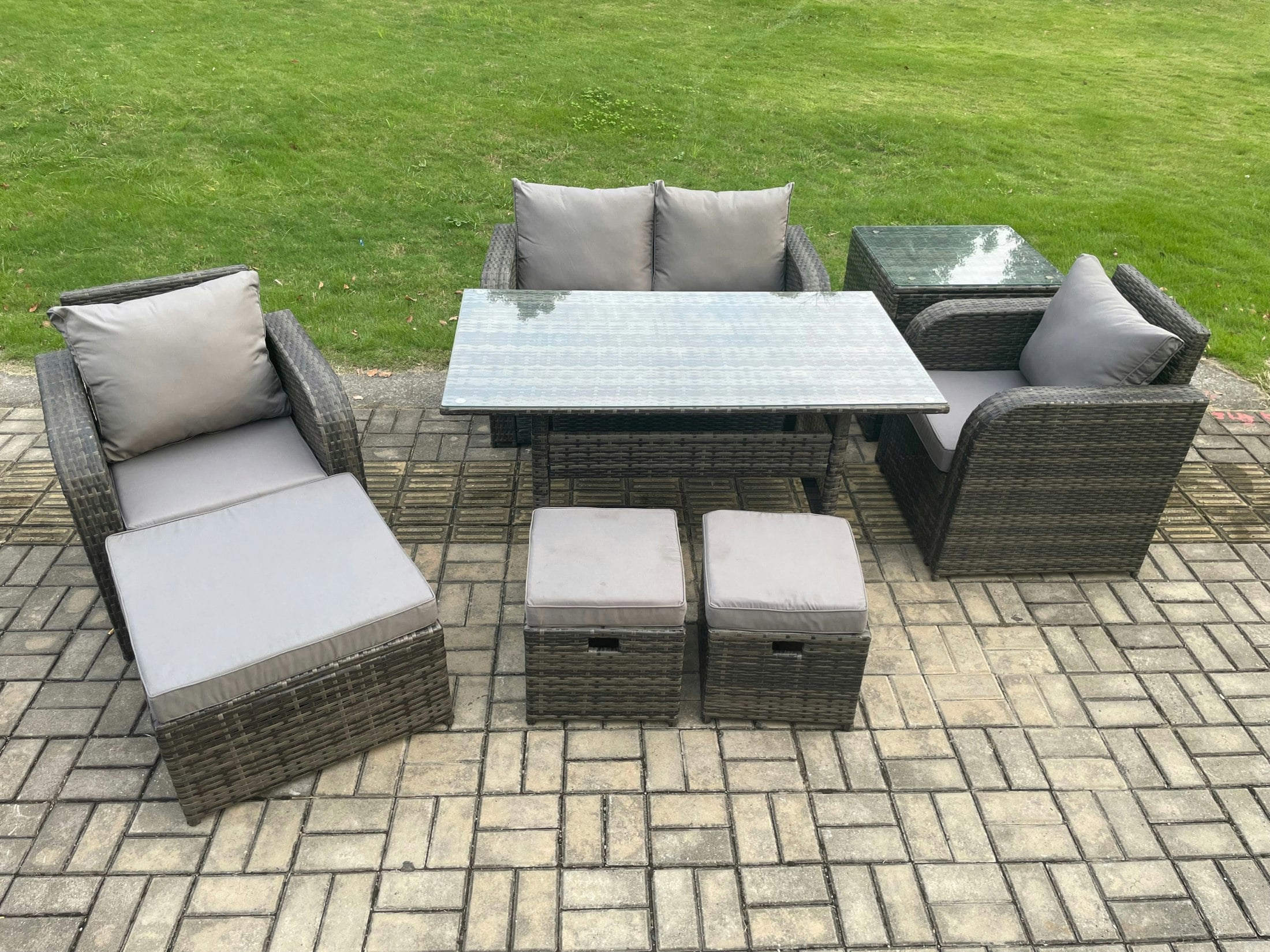 Rackhams Dark/Grey Rattan Outdoor Garden Furniture Set Rectangular Dining Table And Chair Sofa Set With Side Table 3 Footstools Mixed