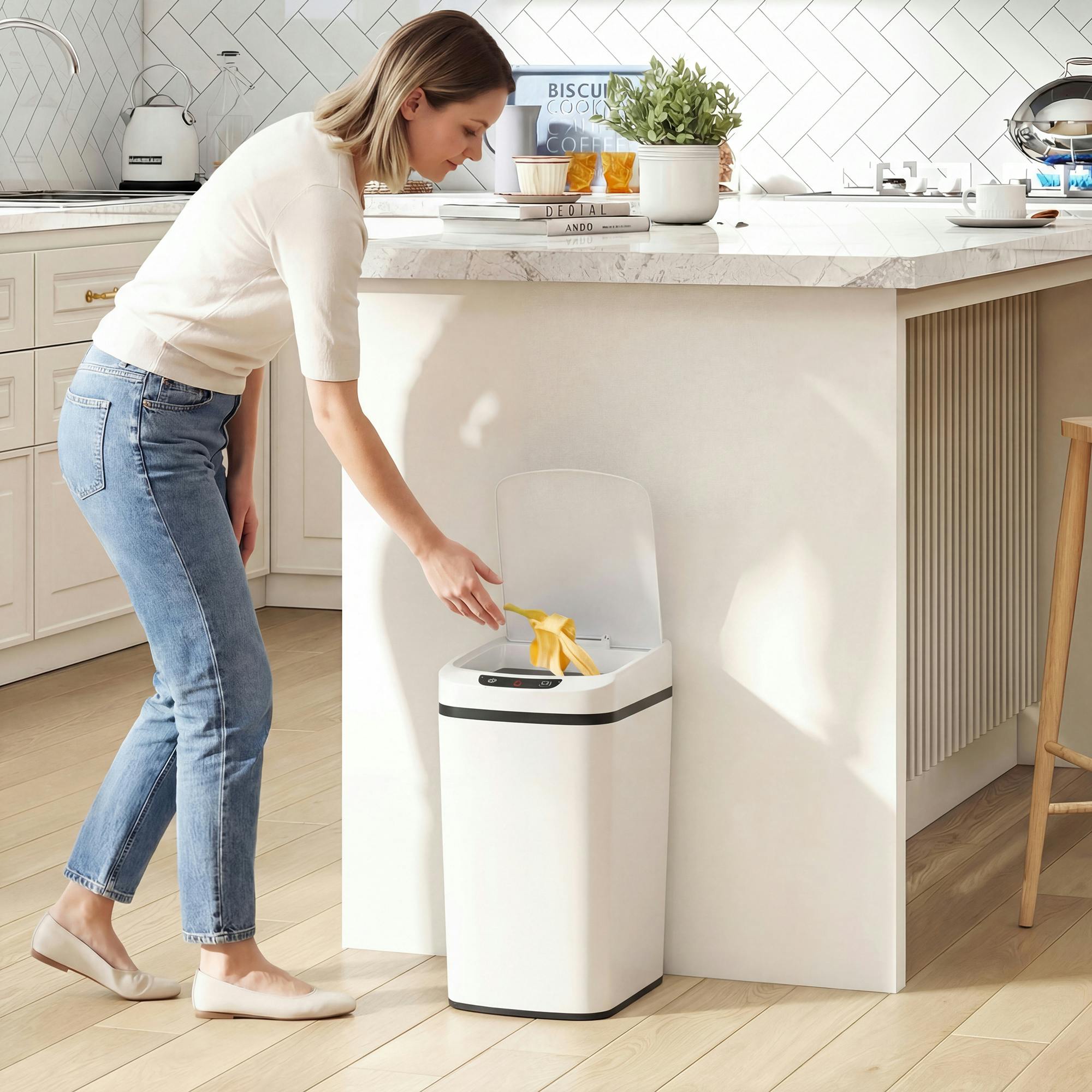 Homcom White 12L Sensor Bin, Automatic Touchless Motion Sensor Kitchen Bin