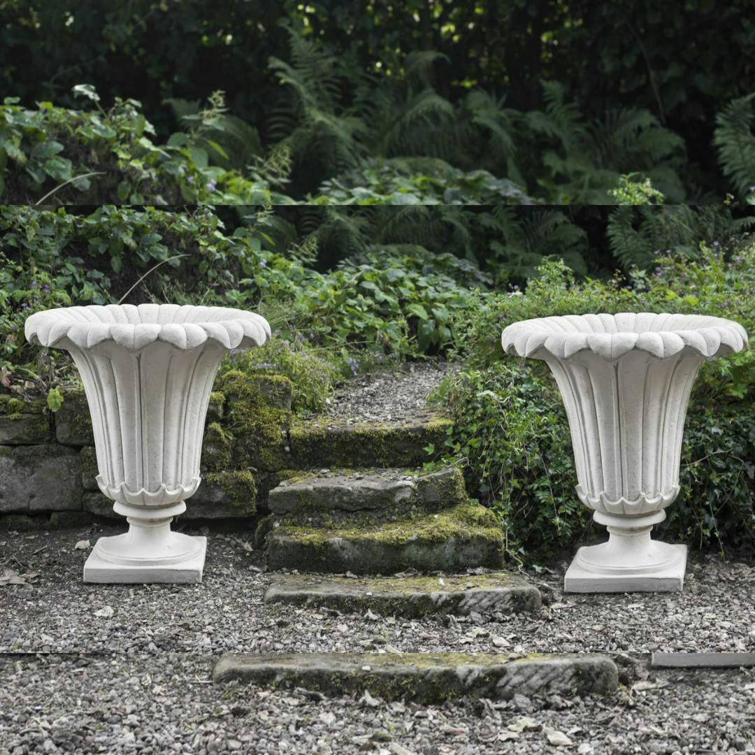 Pda White Pair Of Giant Classic Ancient Greek Style Fluted Vases In Stone Cast Pots
