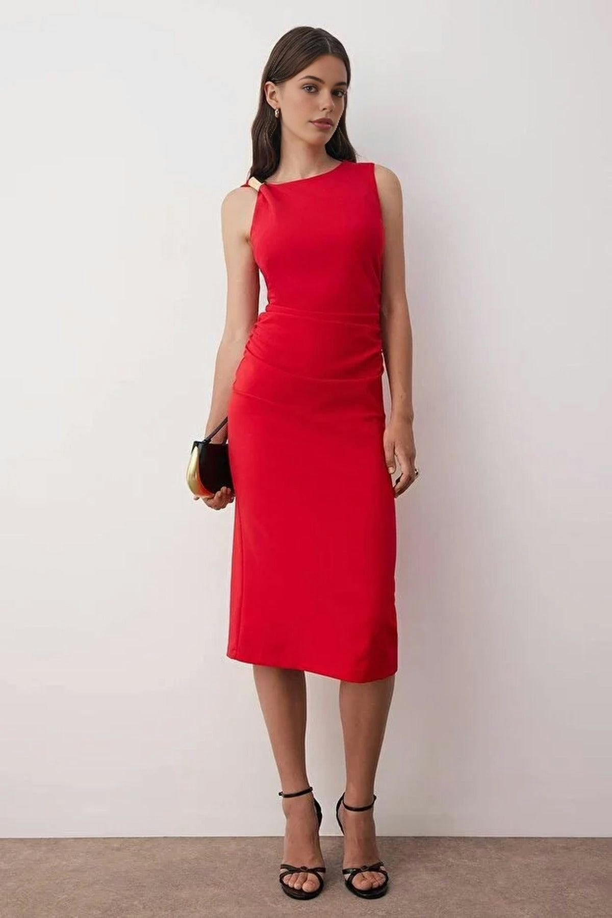 Wovcor Red Midi Woven Dress With Accessory Details - 14