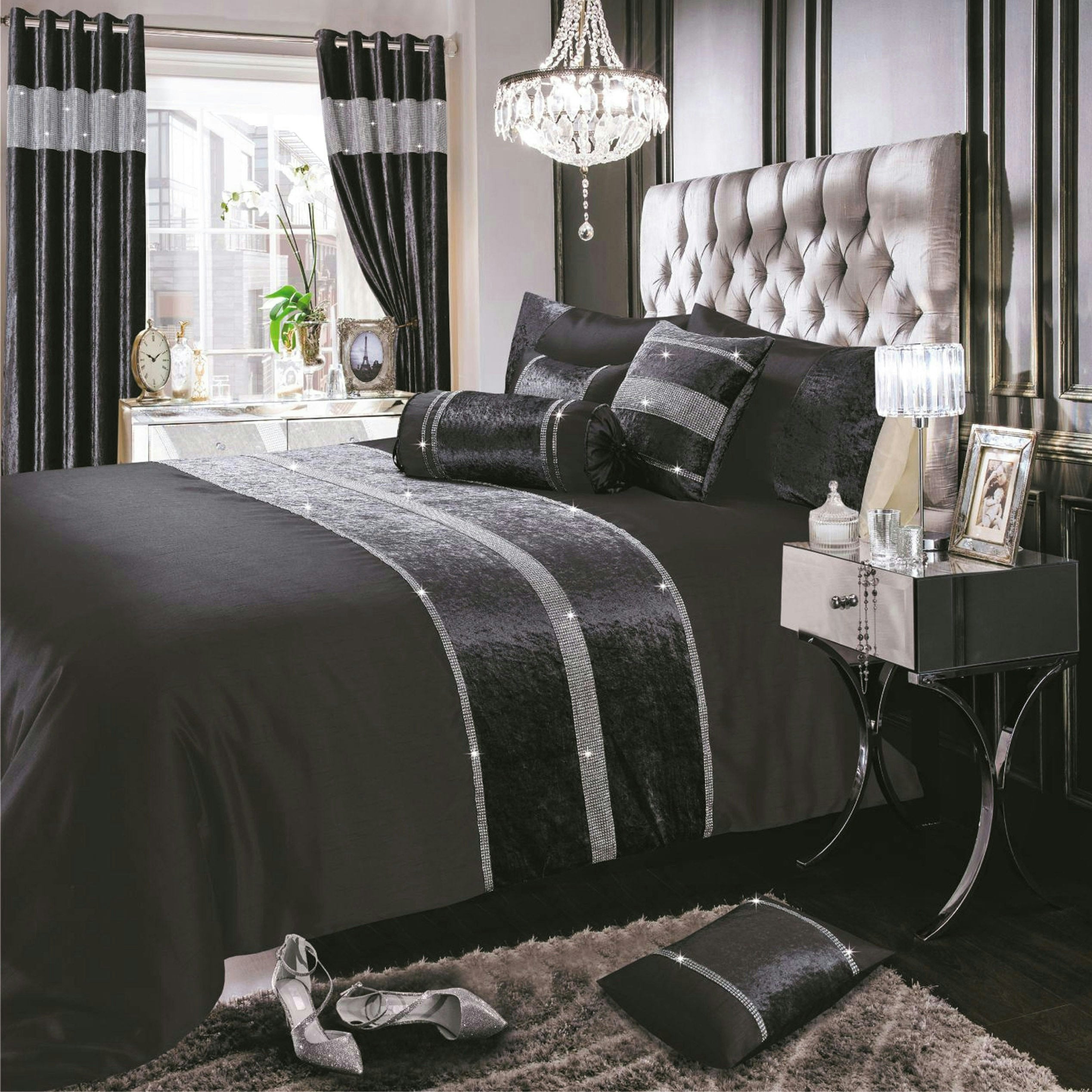 Intimates Topaz Crushed Velvet Diamante Duvet Cover & Pillowcase Set - Charcoal - King