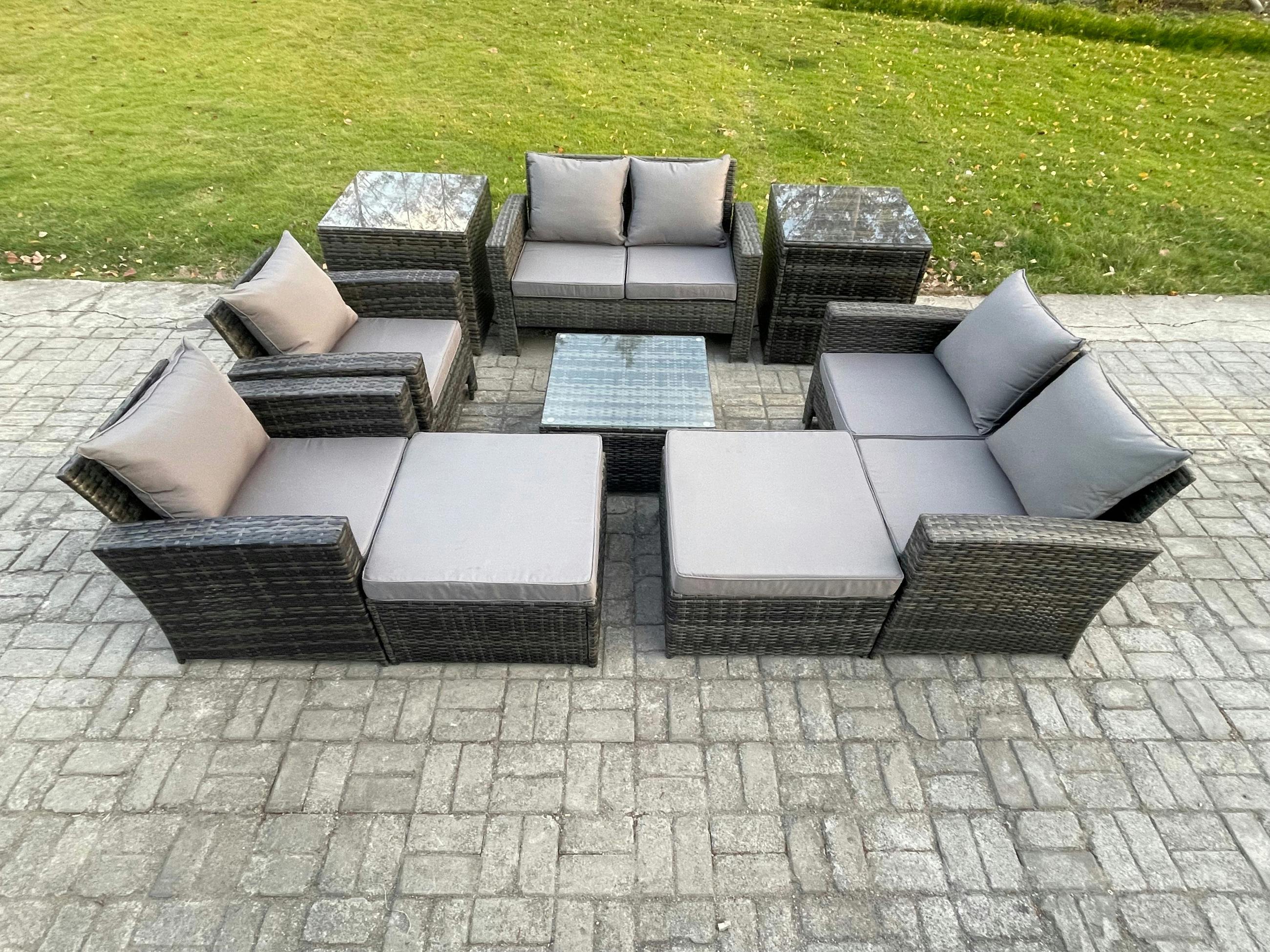 Fimous Dark/Grey 9 Pieces Outdoor Set, Wicker Rattan, Manual Patio Sofa Conversation, 2 Big Footstools And 2 Side Tables, Mixed