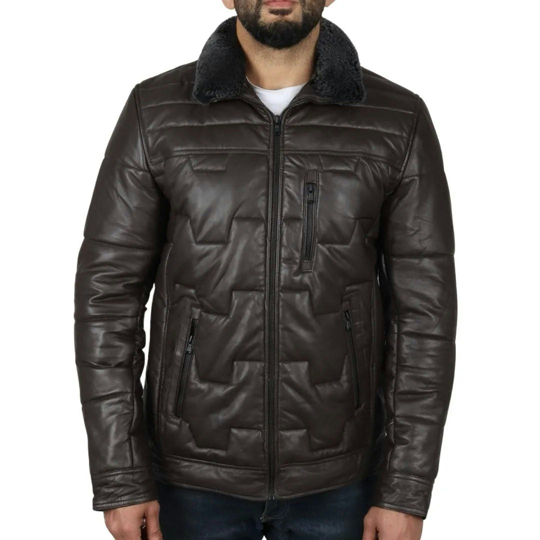 Infinity Leather Men's Brown Leather Company Quilted Padded Real Leather Safari Coat - 4XL