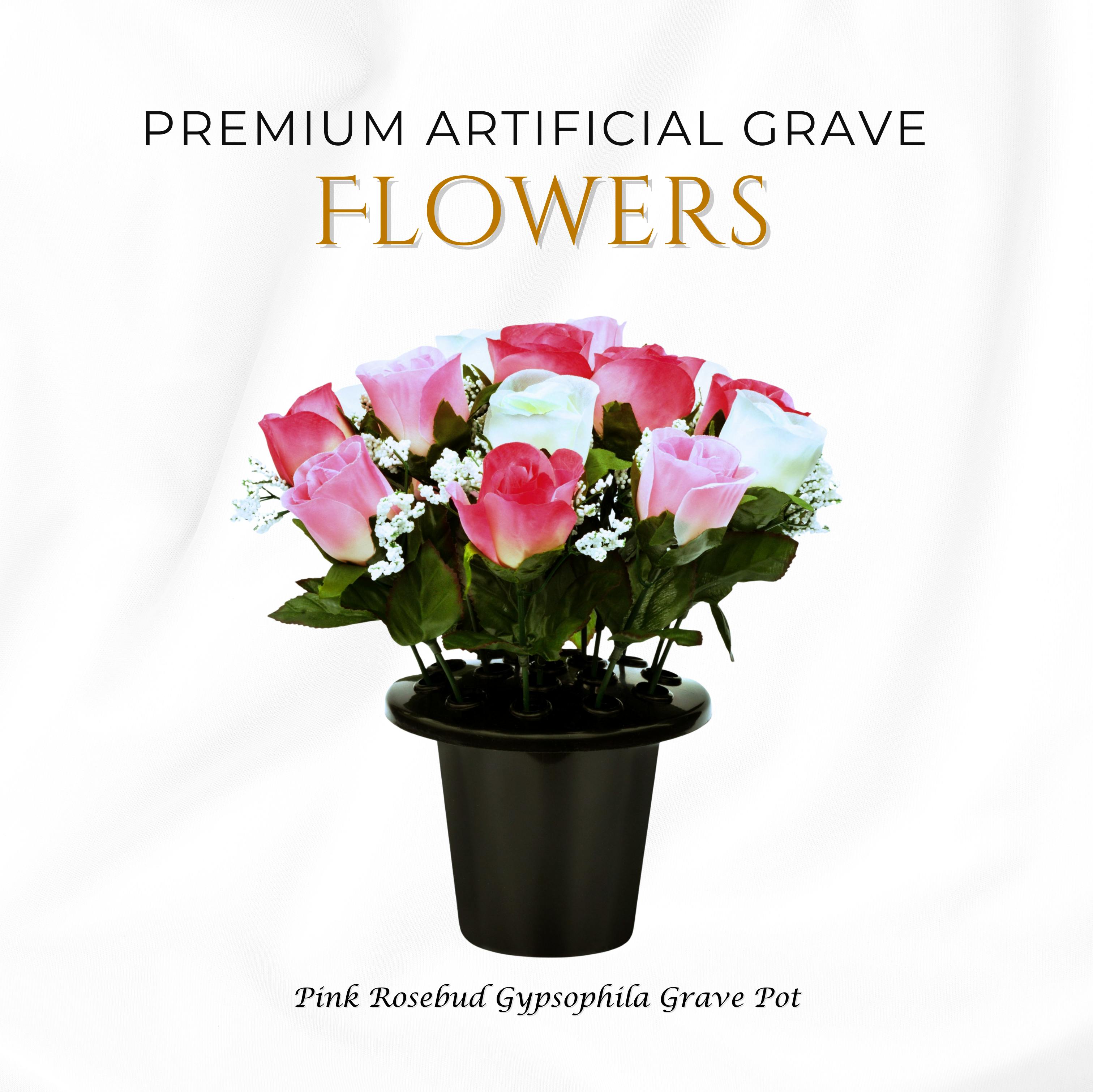 Rackhams Pink Premium Artificial Grave Flowers – 25Cm Rosebud With Gypsophila | Memorial Vase Pot