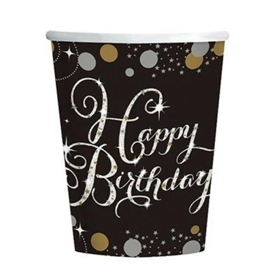 Amscan Black/Gold Sparkling Celebration Happy Birthday Paper Cups Pack Of 8 - 8 - Birthday