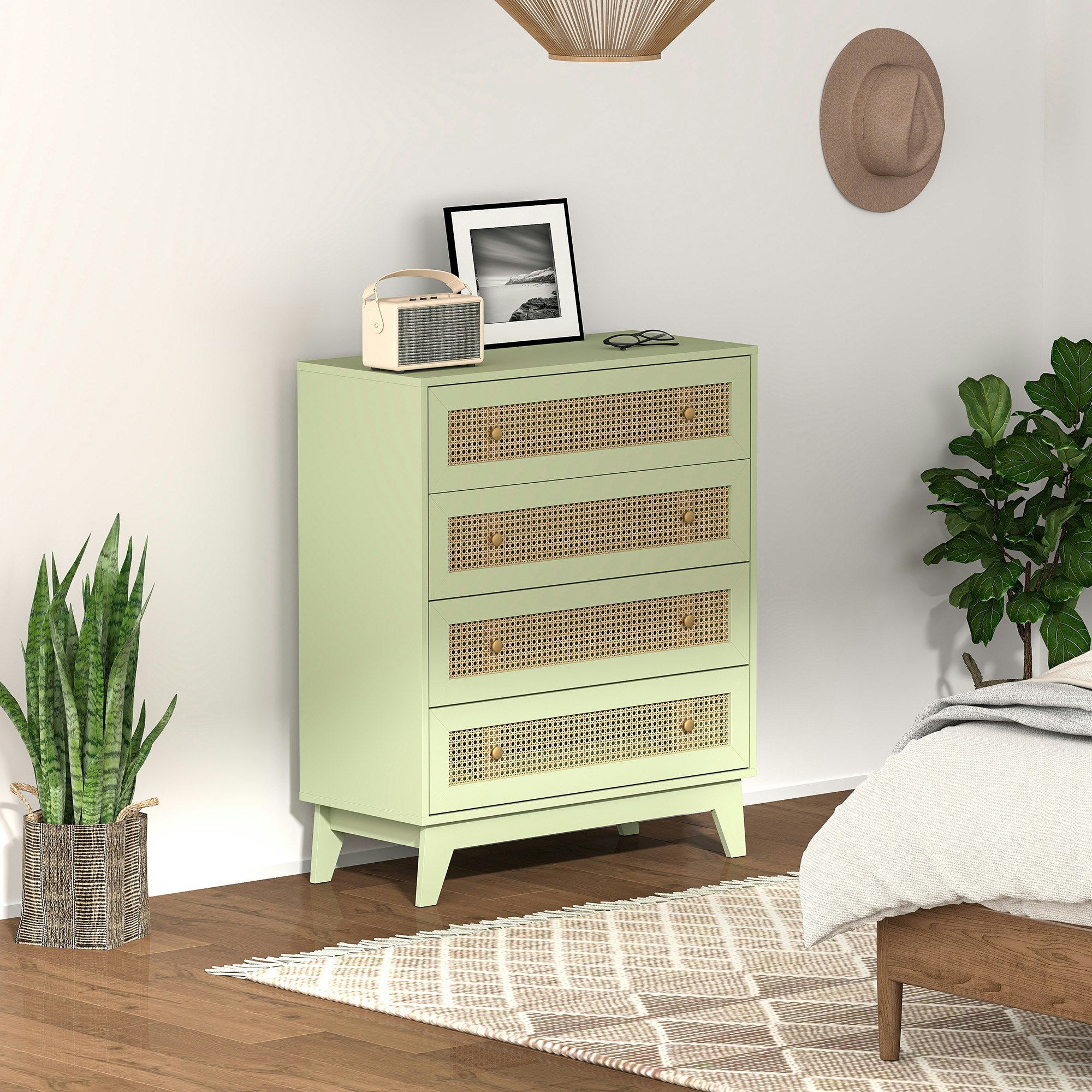 Rackhams Light/Green "Exquisite Rattan Design Of Drawer Surface;","4 Drawers Offer Lots Of Storage;","Table Top Can Place Things You Want To Display;" - 95