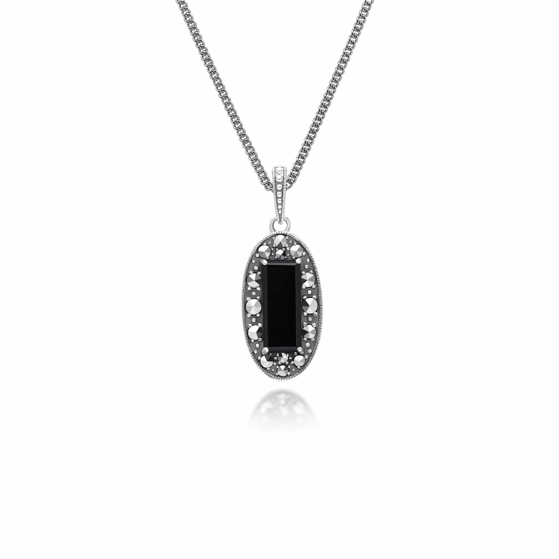 Gemondo Onyx/Silver Art Deco Style Oval And Marcasite Pendant Necklace In Sterling