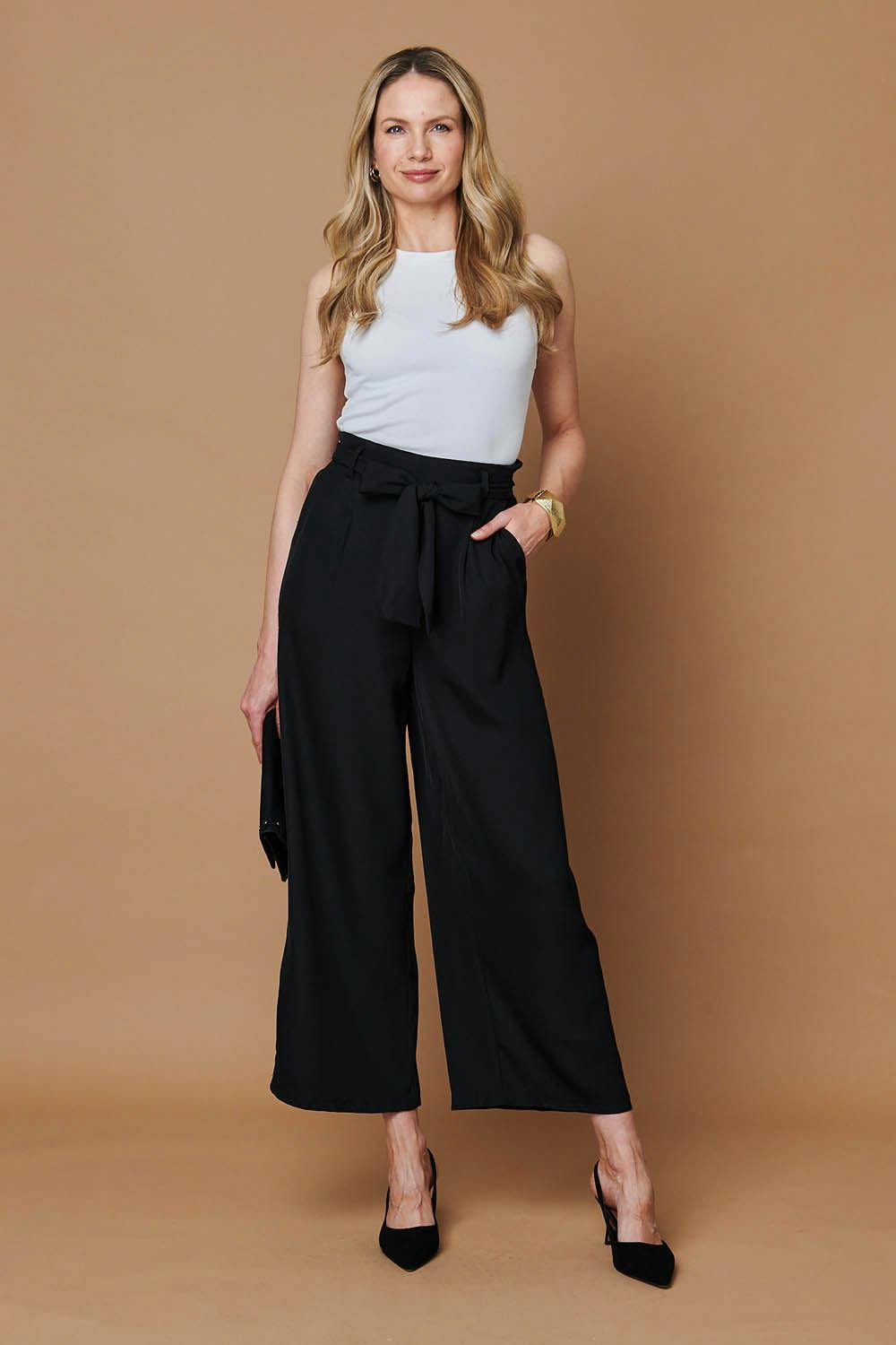 Izabel London Black Tie Front High Waist Wide Leg Trousers - 18