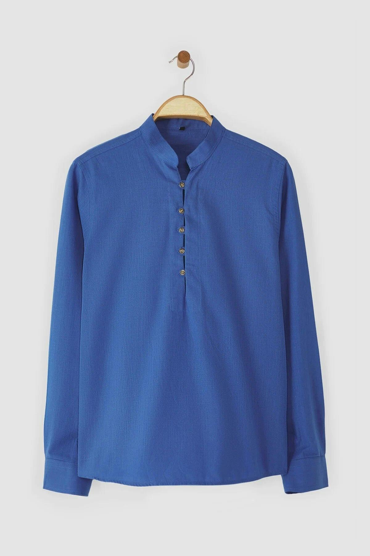 Wovcor Men's Dark/Blue Slim Fit Half Placket Mandarin Collar 100% Cotton Linen Look ’S Shirt - L