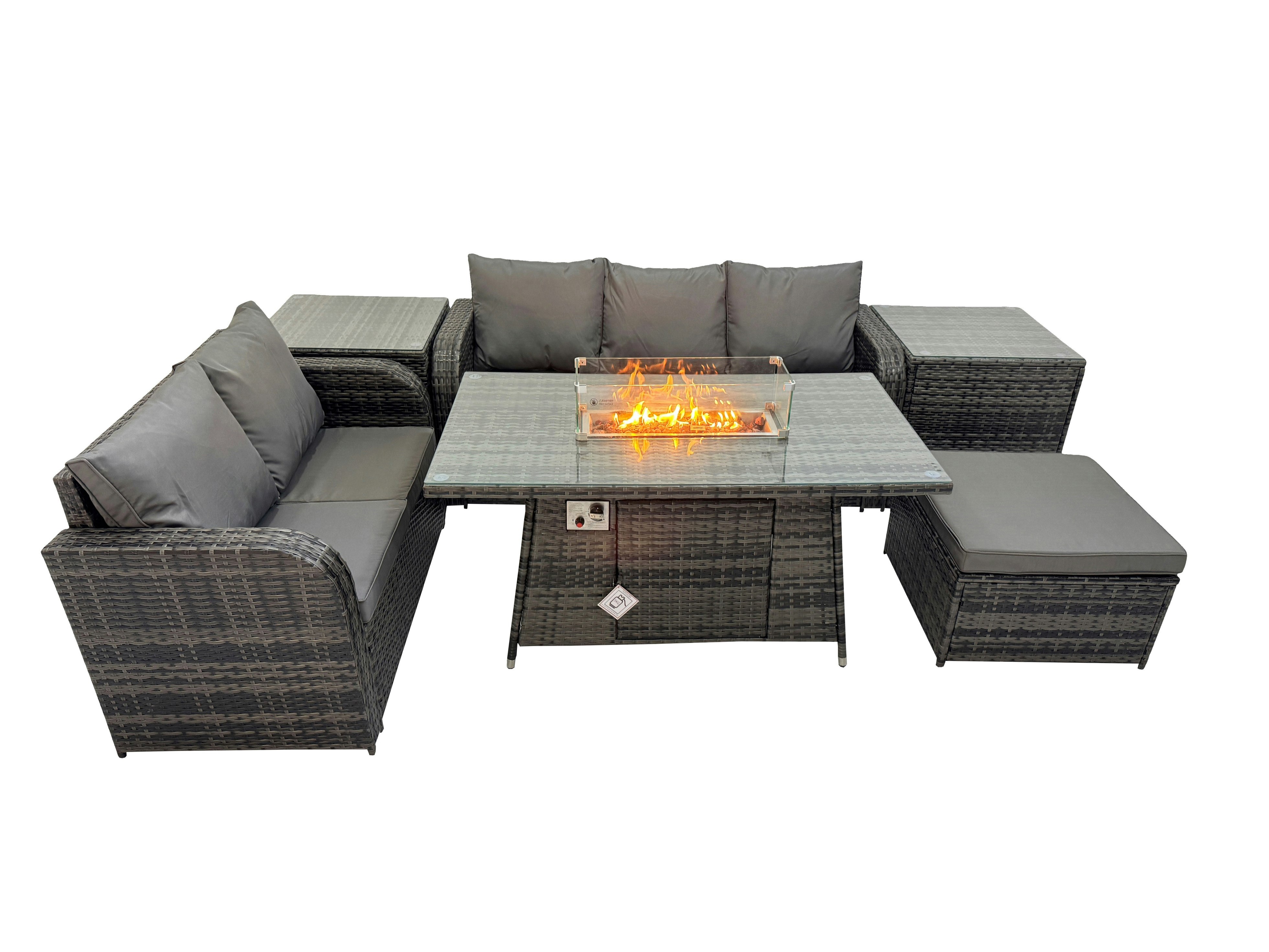 Rackhams Dark/Grey Garden Outdoor Rattan Furniture Set Rattan Love Sofa 3 Seater Sofa With Big Footstool 2 Side Tables Mixed