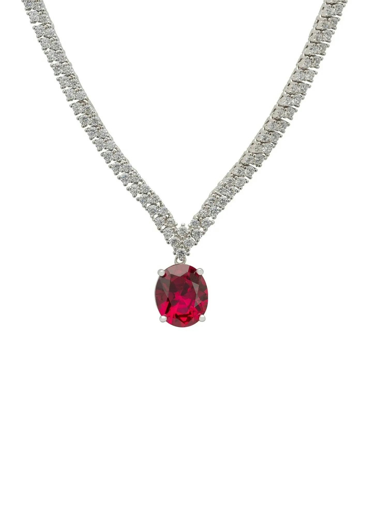 Latelita Silver Garbo Oval Gemstone Tennis Necklace Ruby