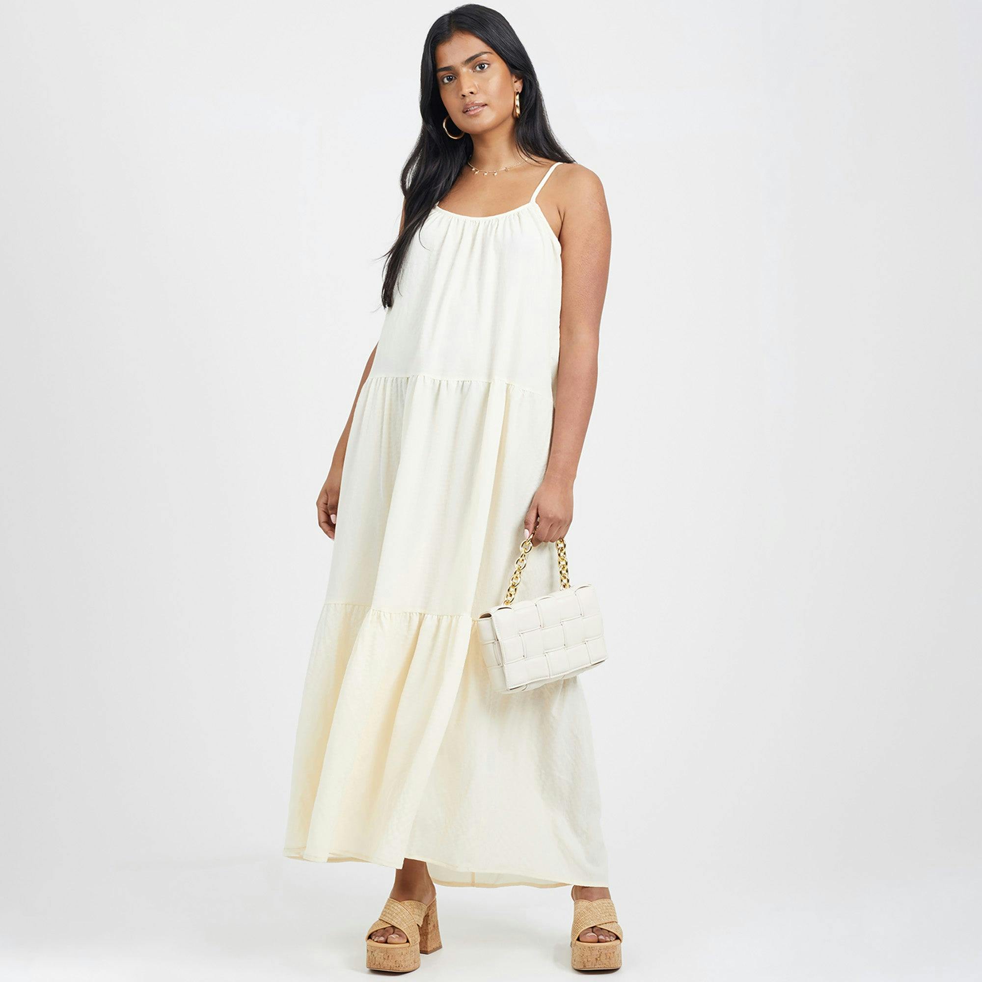Brave Soul Cream Smock Tiered Midi Dress - Xl