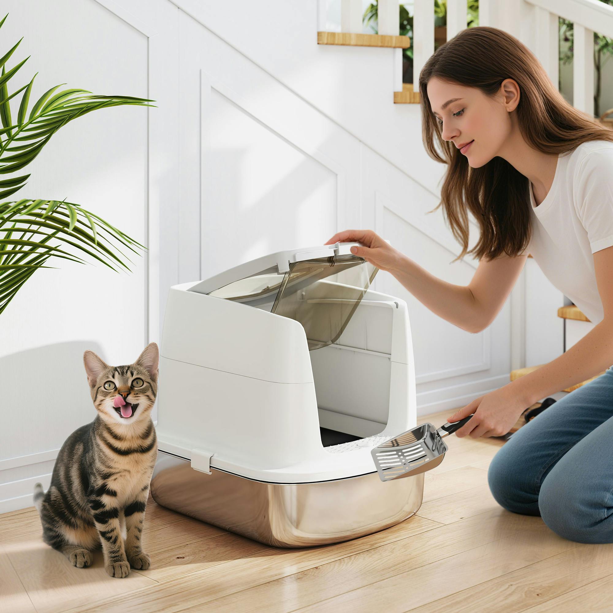 Pawhut Stainless Steel Litter Box, Enclosed Metal Cat Litter Tray With Scoop
