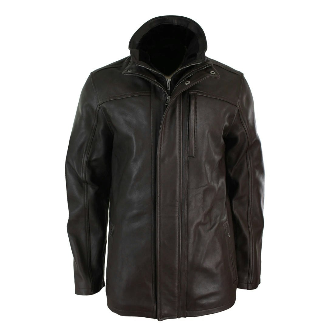 Infinity Leather Men's Black/Brown Leather Company 3/4 Leather Safari Jacket Overcoat Removable Double Zip - 2XL