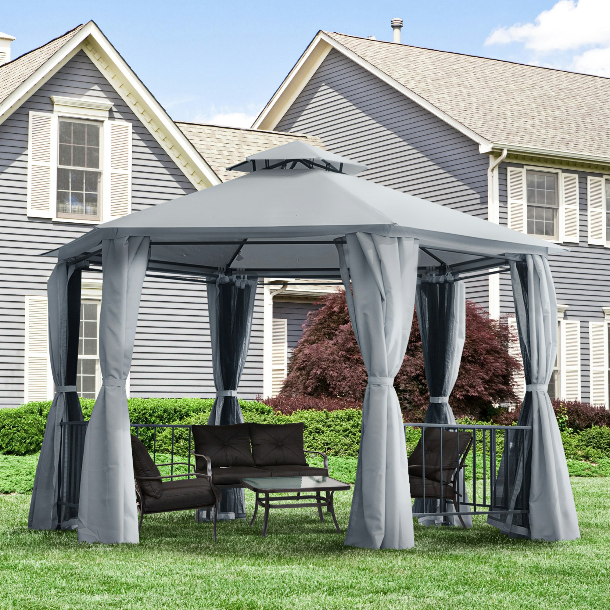 Rackhams Brown/Grey 3 X 3(M) Gazebo Canopy 2 Tier Patio Shelter Steel For Garden - Steel, Polyester Fabrics - 331Cm X 331Cm X 286H Cm