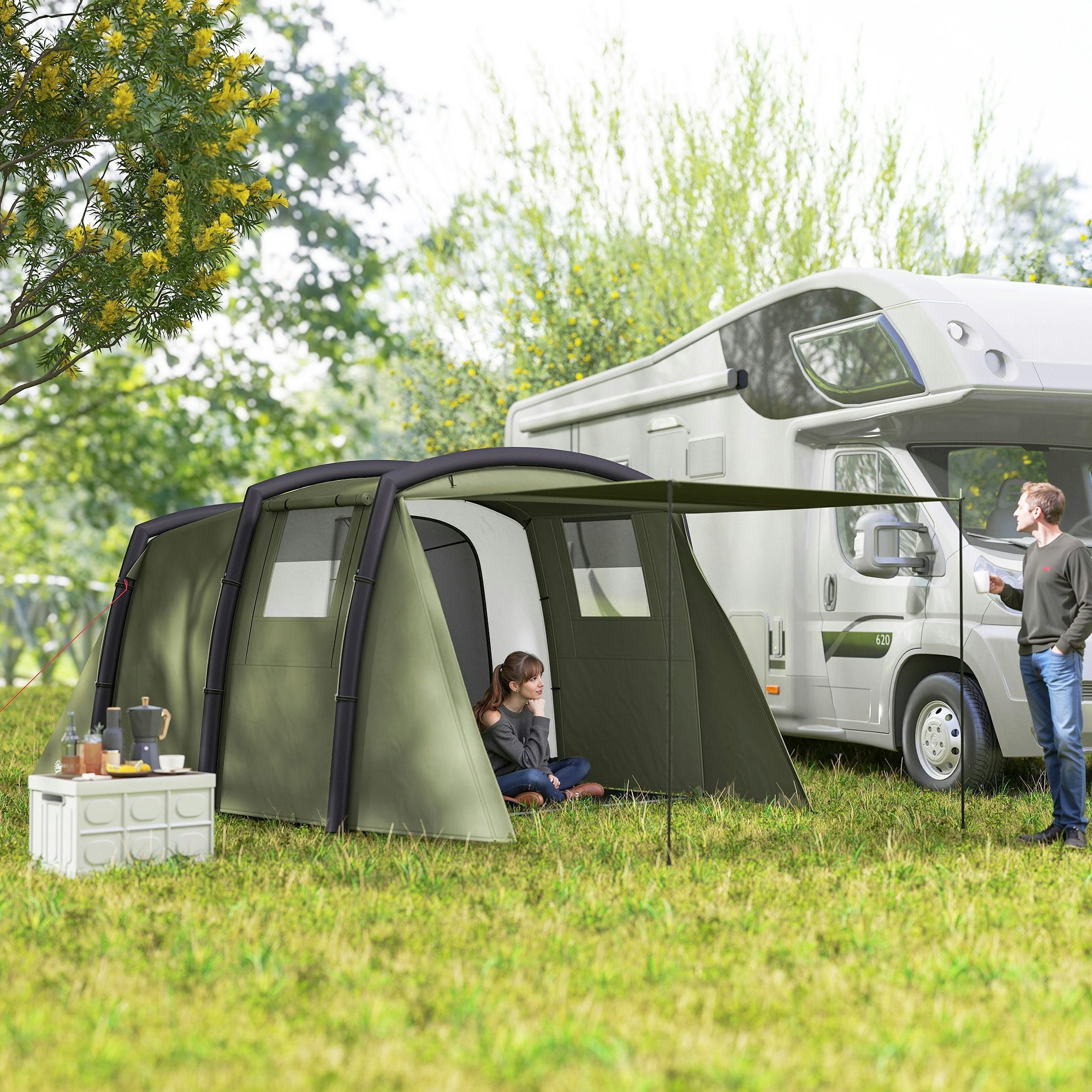 Outsunny Green Inflatable 3-4 Man Tunnel Tent W/ Pump, Living Area, Olive