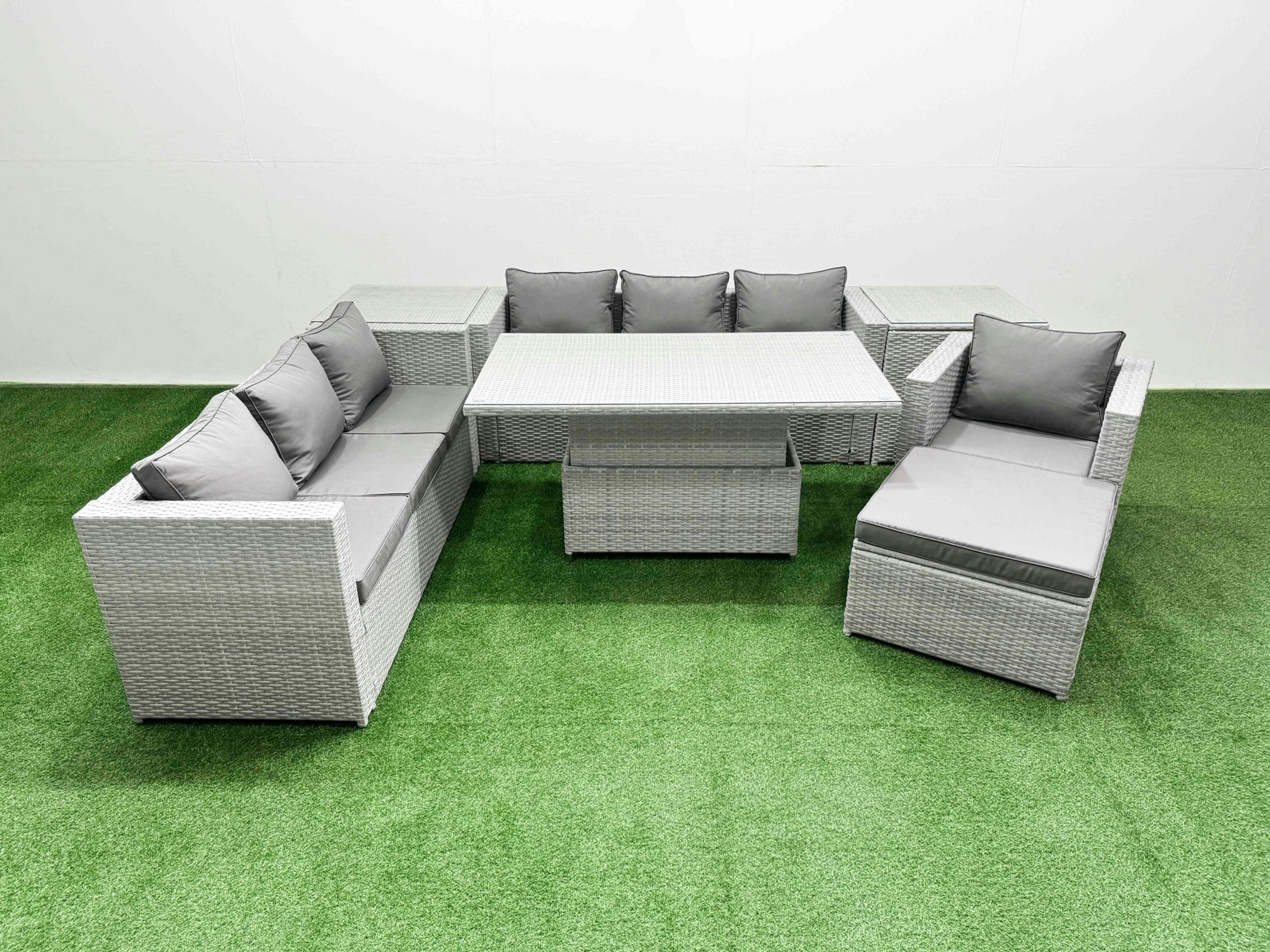 Rackhams Light/Grey 7 Pcs Rising Dining Table Set Rattan Furniture Set With 3 Seater Sofa Chair 2 Side Tables Big Footstool