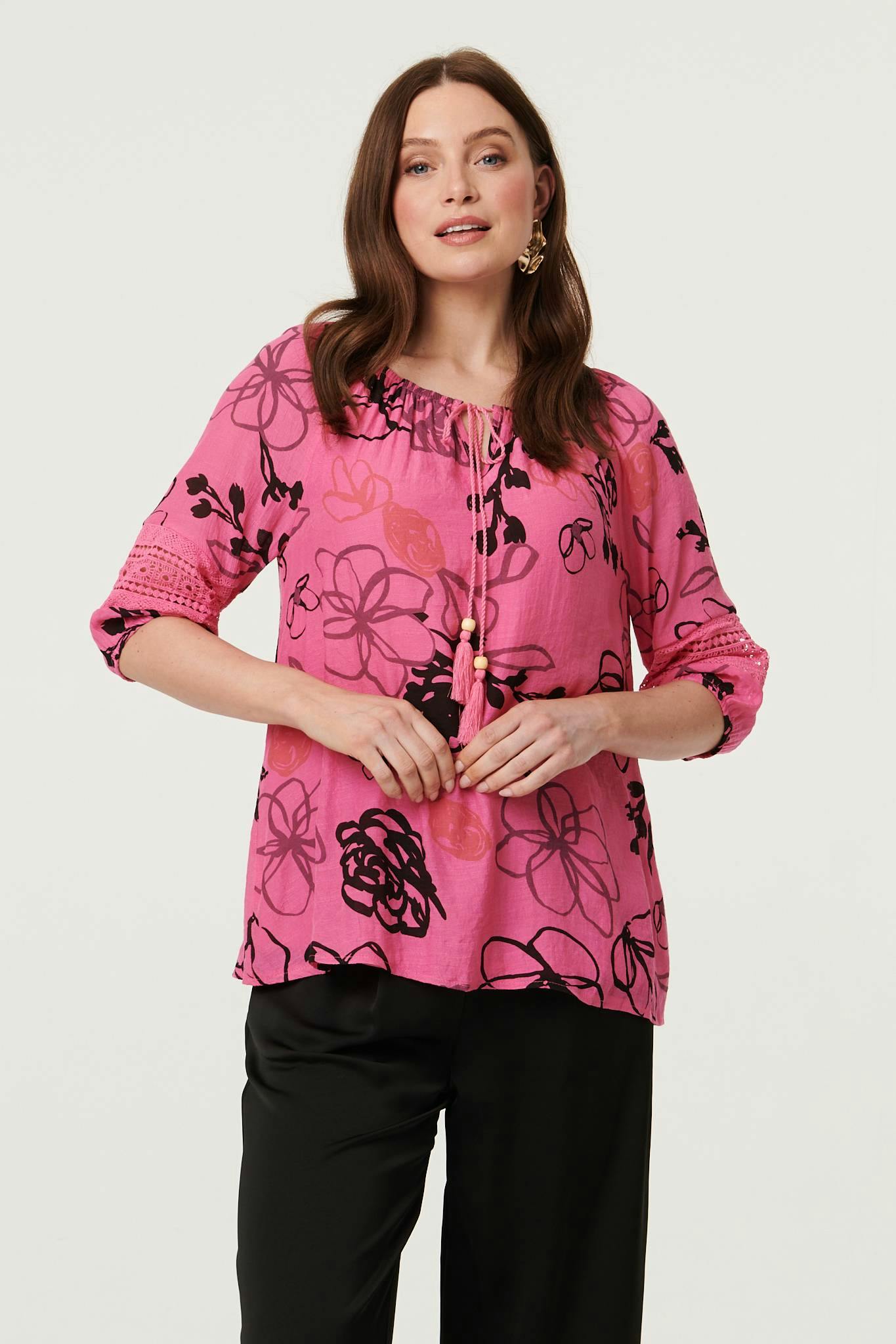 Izabel London Abstract Floral Ruched Bardot Top Blouse - 8 - Fuschia