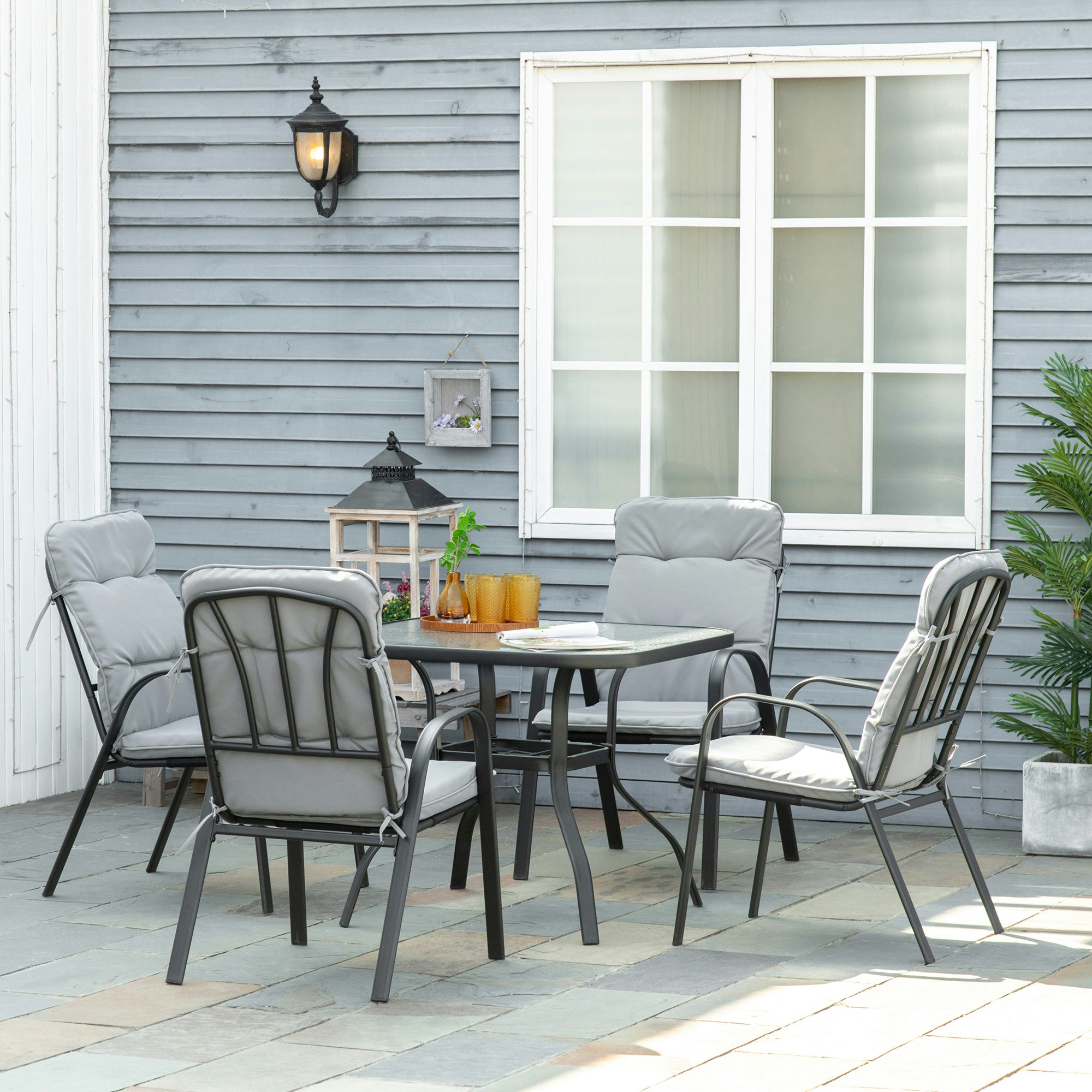 Rackhams Beige/Grey Garden Dining Set, Glass Table W/ Umbrella Hole - Steel, Texteline, Polyester - 88Cmx88cmx71cm