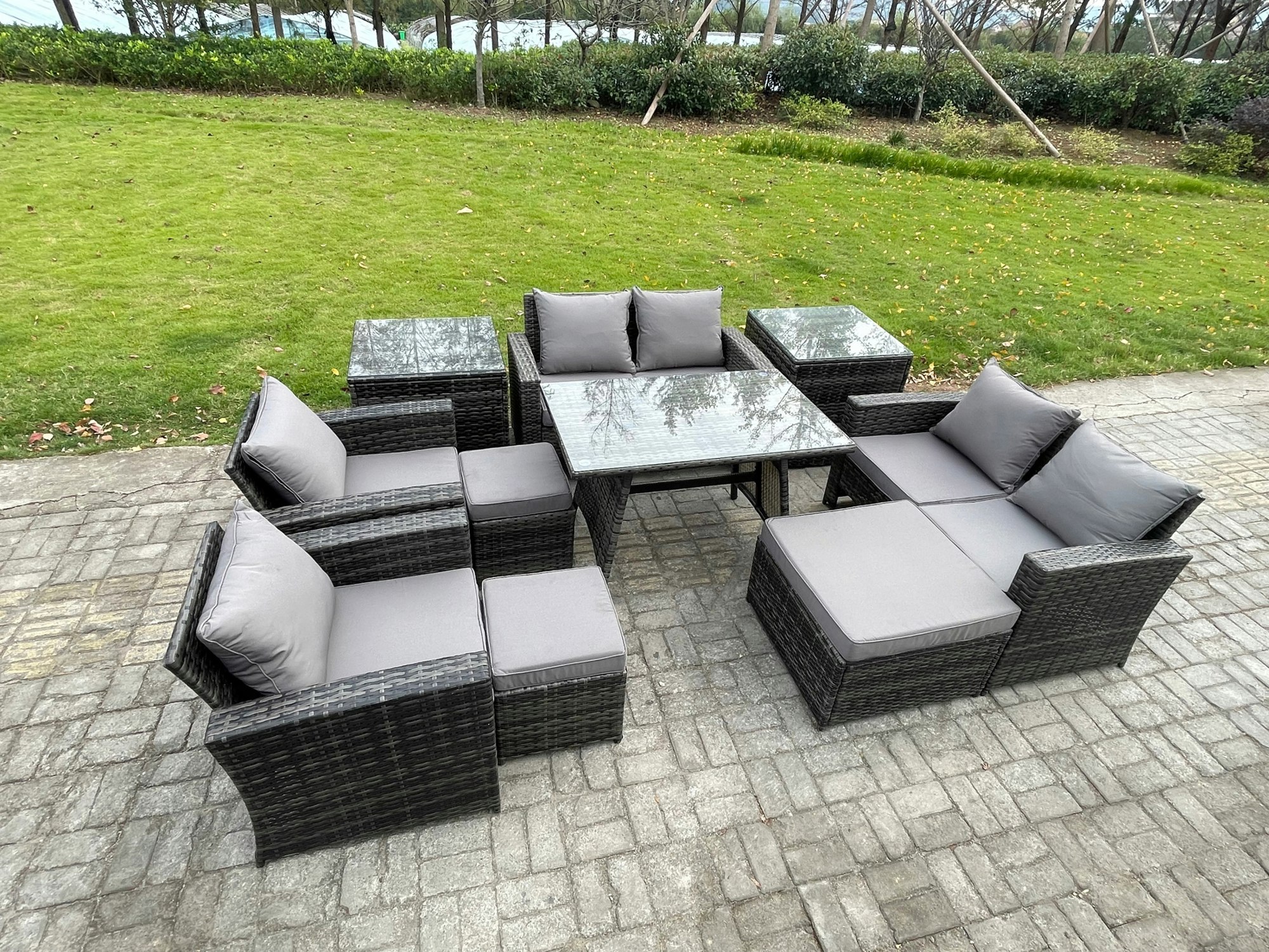 Rackhams Dark/Grey 10-Piece Wicker Rattan Outdoor Sofa Conversation Set | 3 Footstools, 2 Side Tables