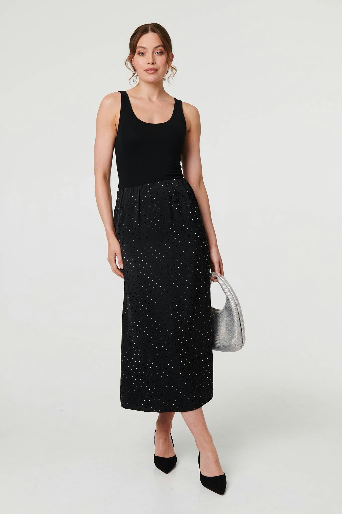 Izabel London Black Diamante Detail High Waist Midi Skirt - 8