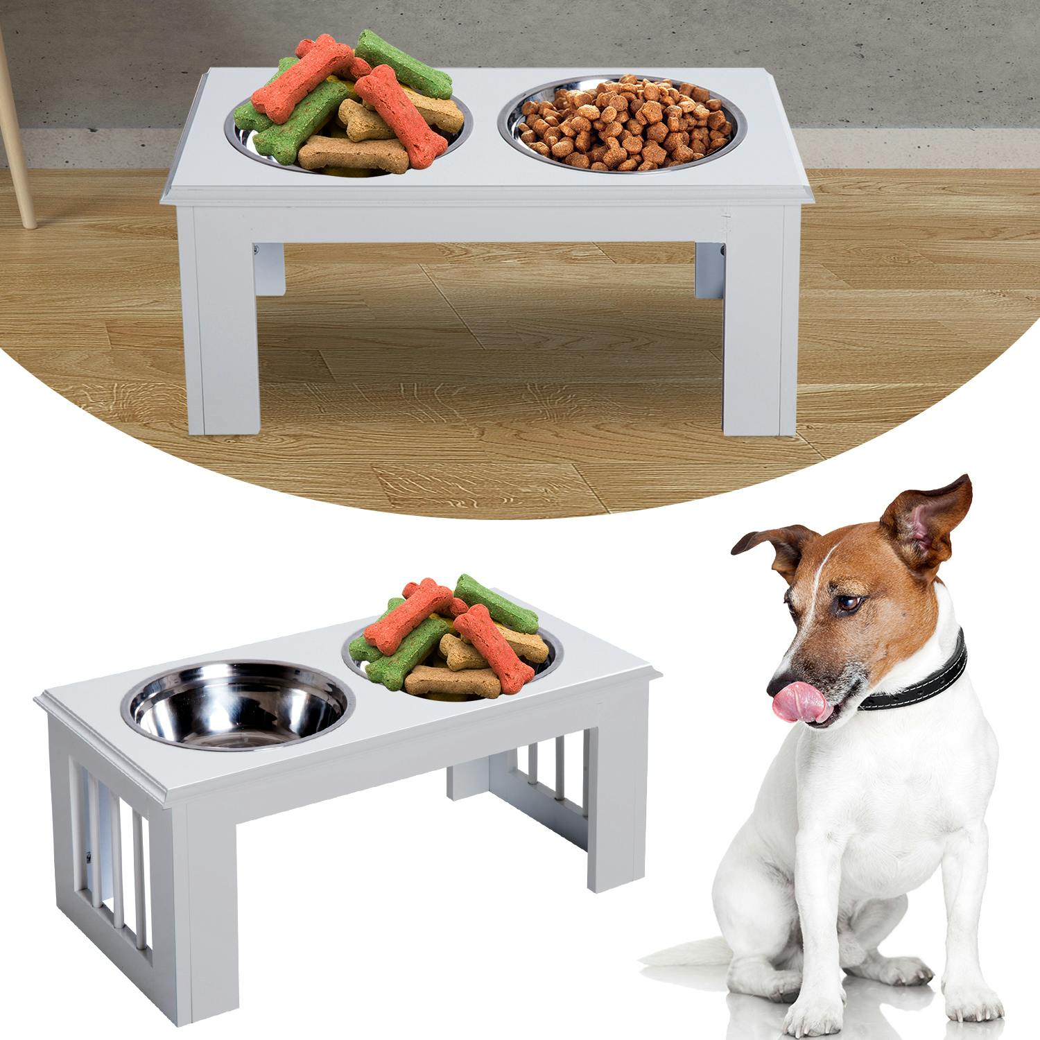 Pawhut Raised Dog Bowl Stand With 2 Stainless Steel Bowls, Elevated White Mdf Feeder D08-015Wt - Image 3