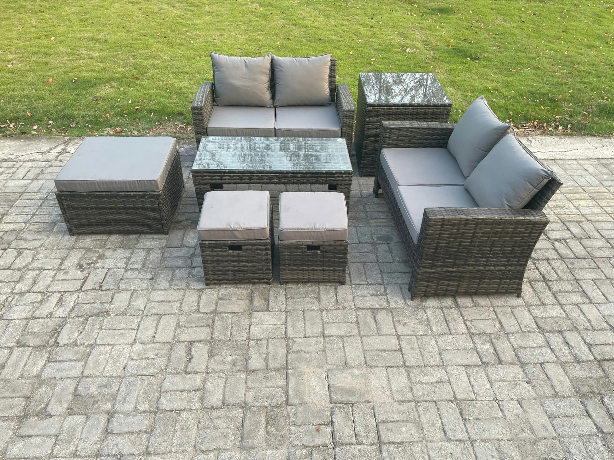 Rackhams Dark/Grey 7 Seater High Back Rattan Garden Furniture Sofa Sets With Rectangular Coffee Table Side Table 3 Footstools Loveseat Sofa Mixed