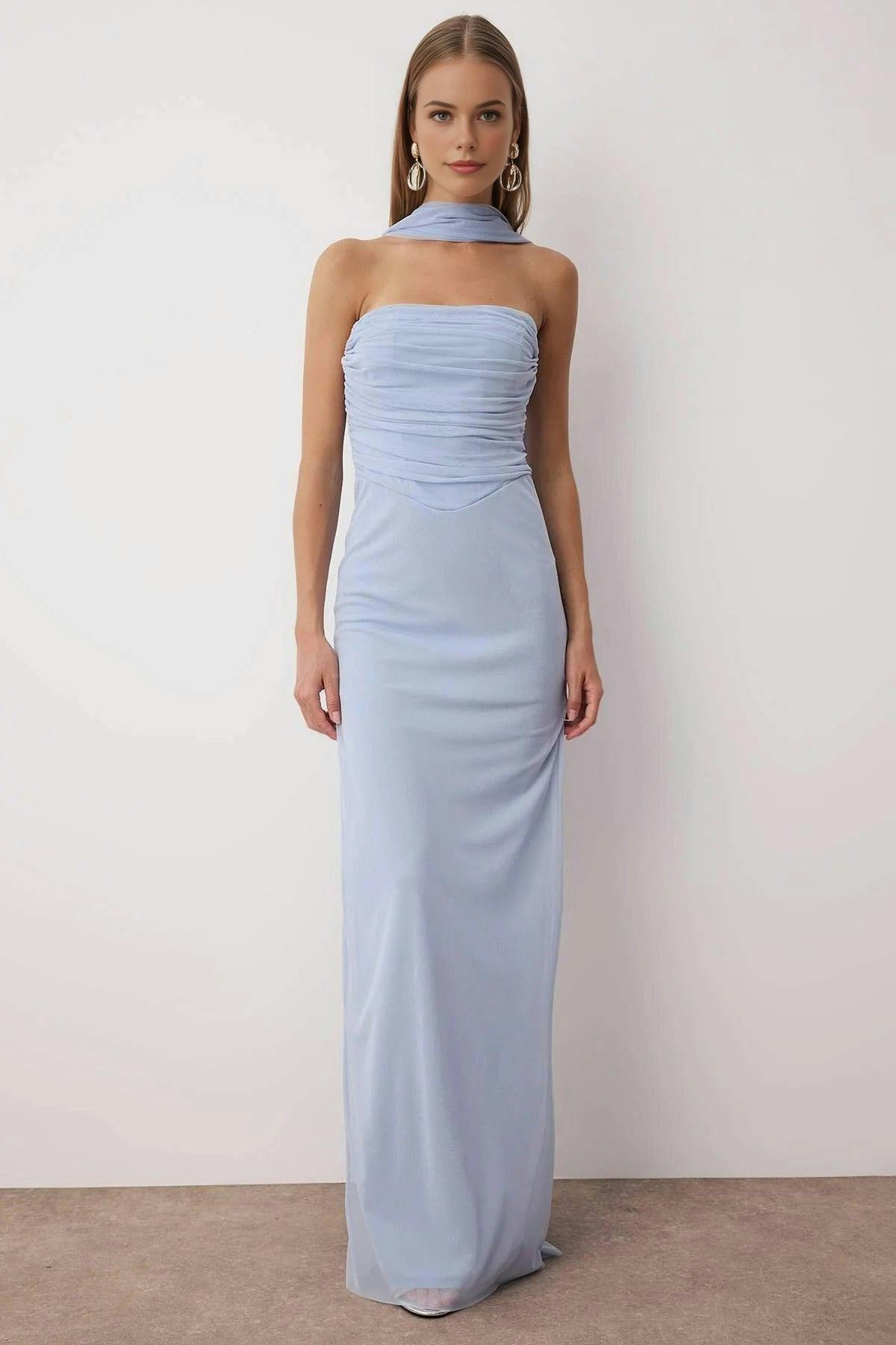Wovcor Blue Tulle Knit Maxi Evening Dress With Shawl Detail - 14