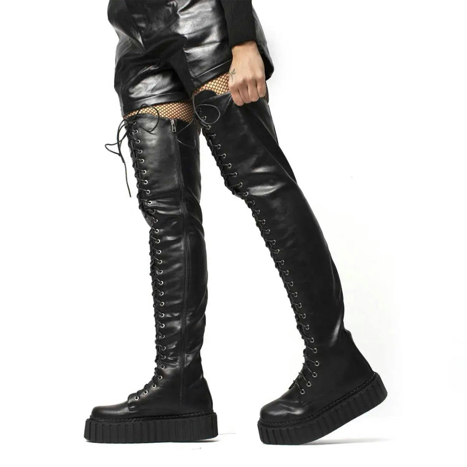 Lamoda No Turnin' Back Blackpu Chunky Thigh High Creeper Boots Trendy - Uk3