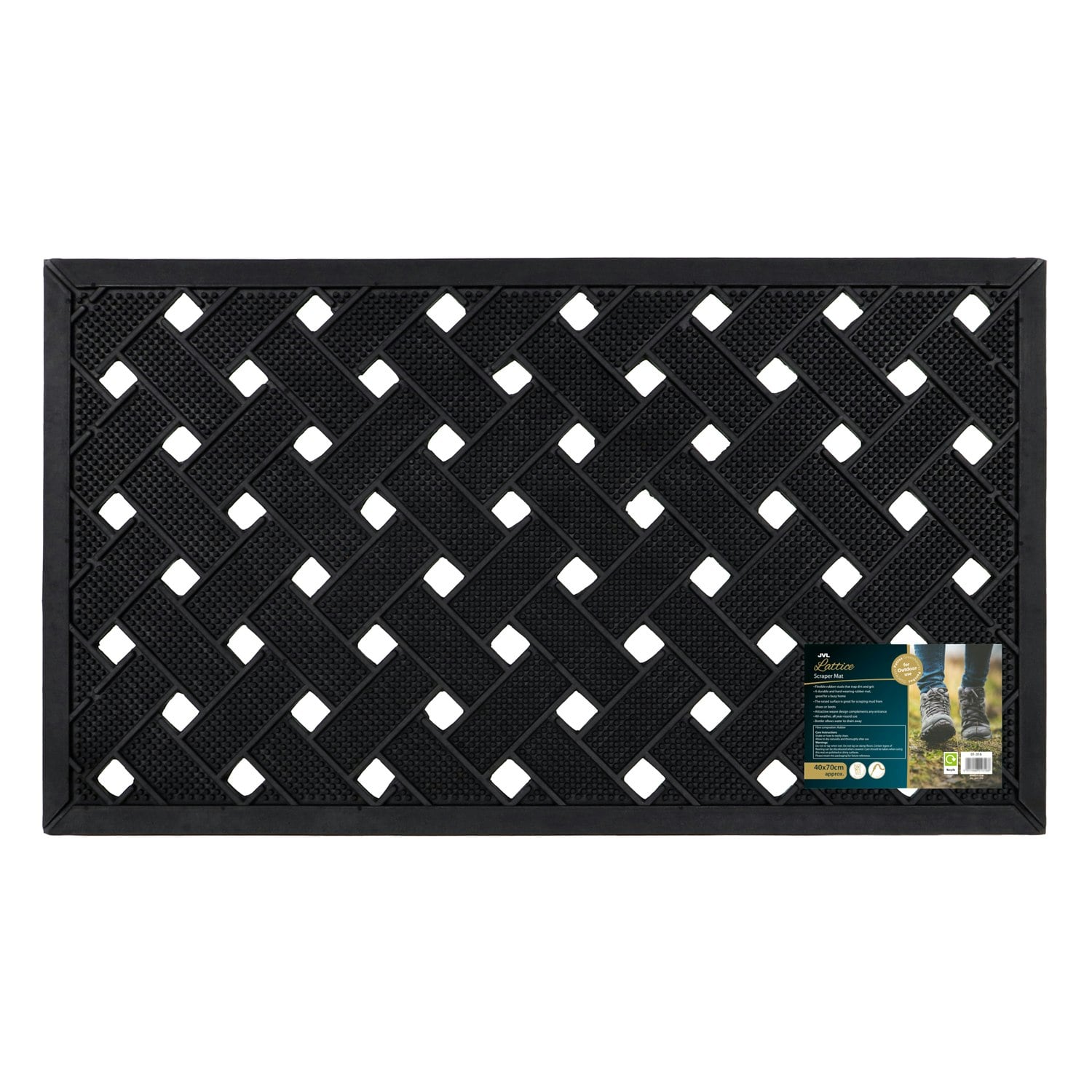 Jvl Black Lattice Scraper Rubber Studs Doormat, 40X70cm,