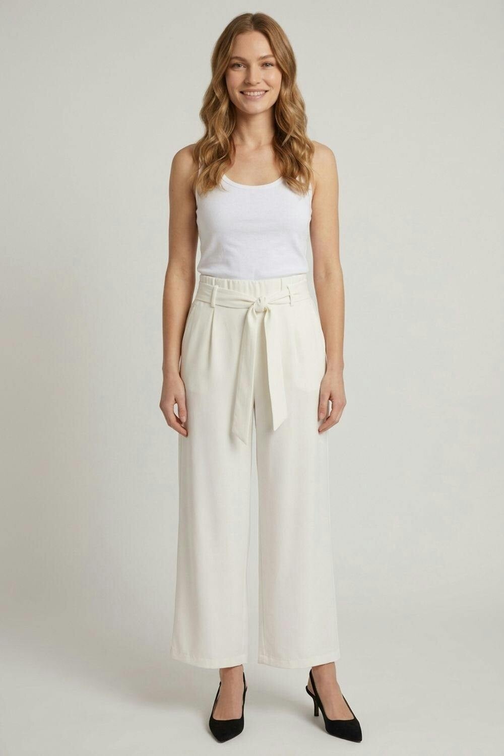 Izabel London White Tie Front High Waist Wide Leg Trousers - 12