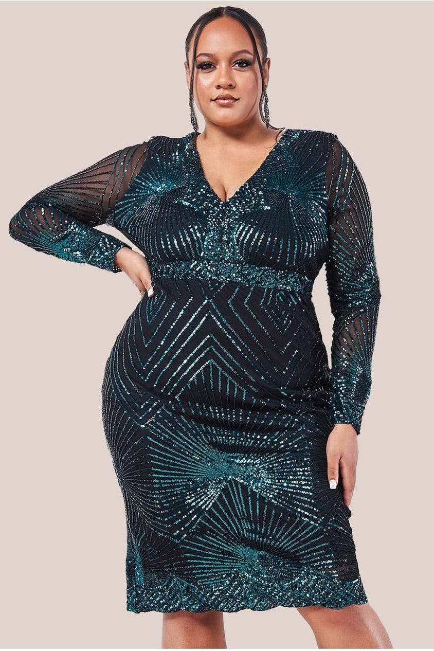 Goddiva Plus Scalloped Hem Starburst Midi Dress - Emerald By - Emerald - 20