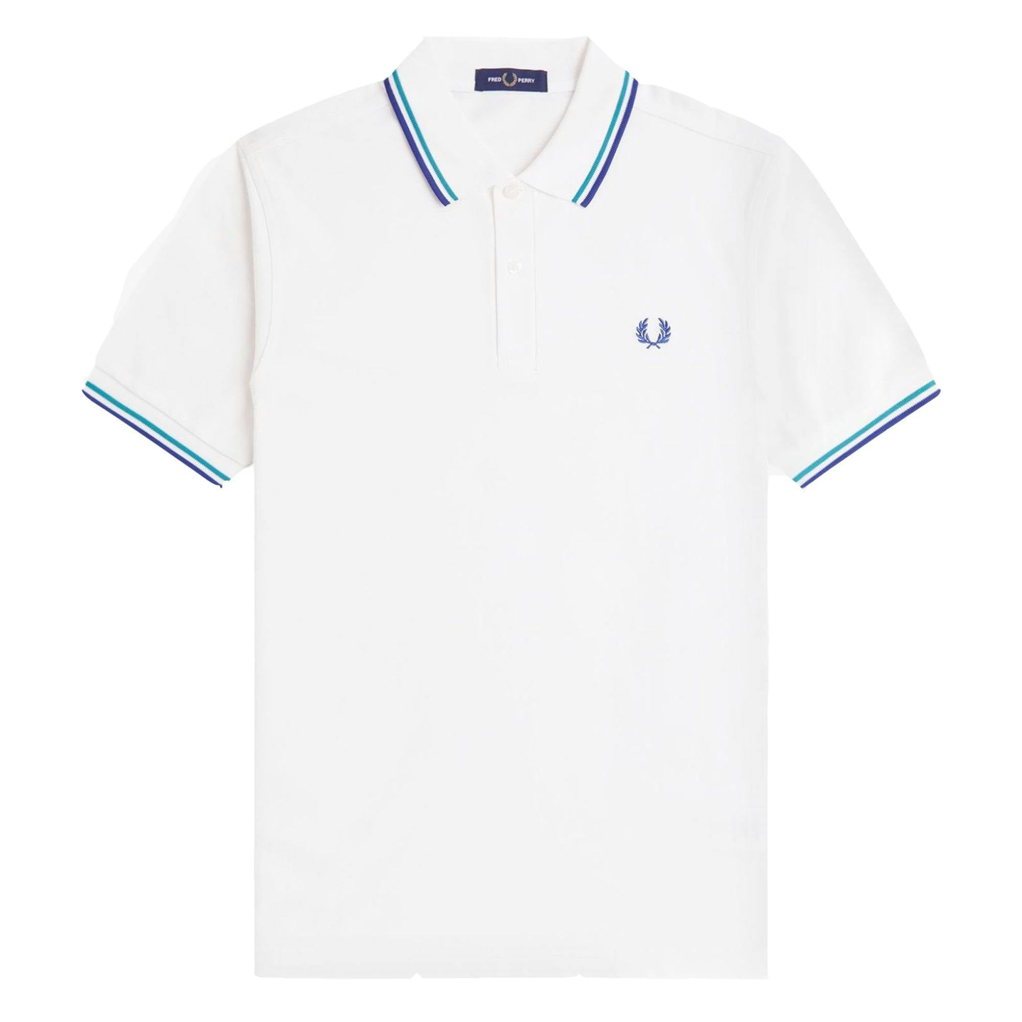 Fred Perry White Twin Tipped Polo Shirt Snow /Deep Mint/Soho Eclipse - M