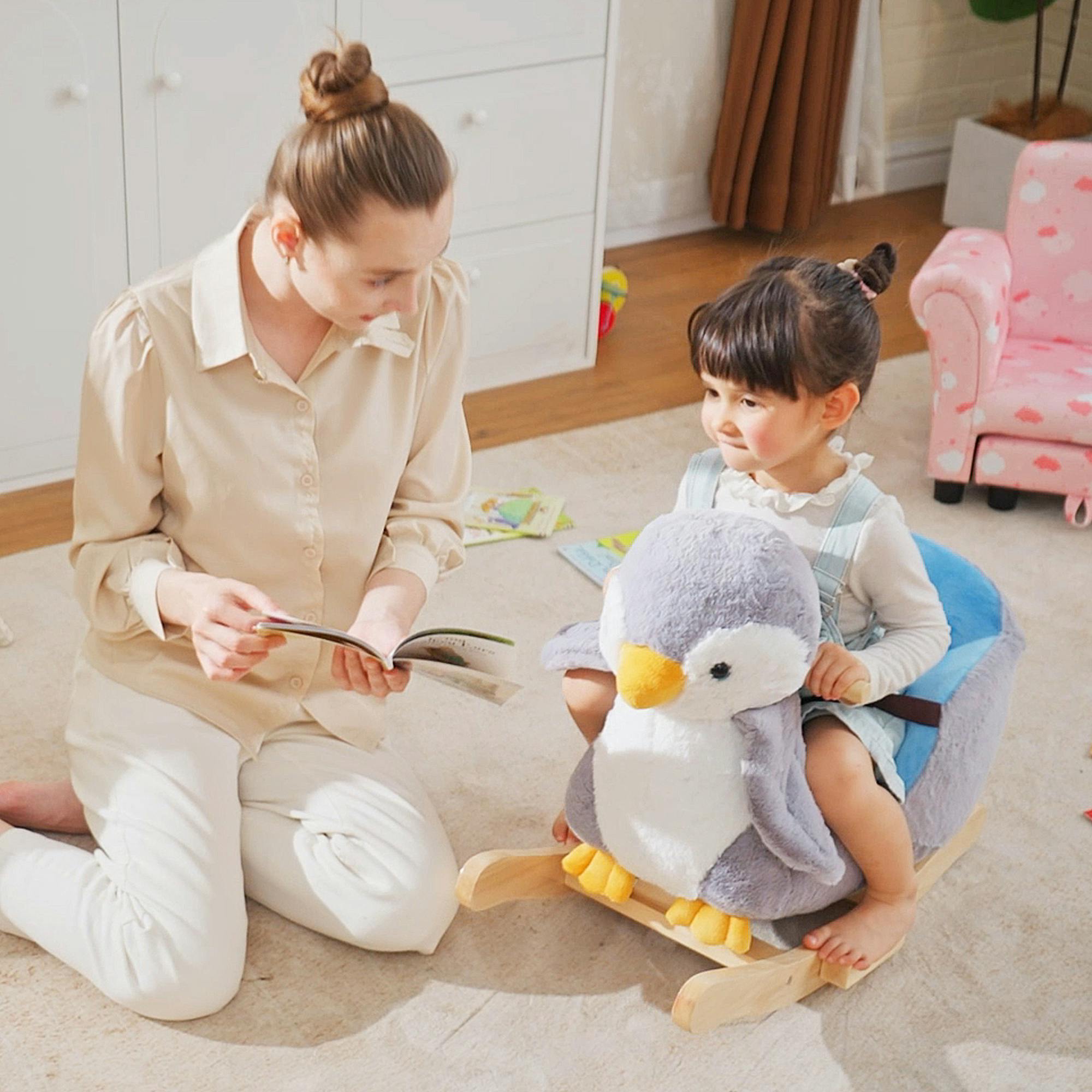 Homcom Animal Baby Rocking Horse Penguin Plush Musical Button W/32 Songs Wood