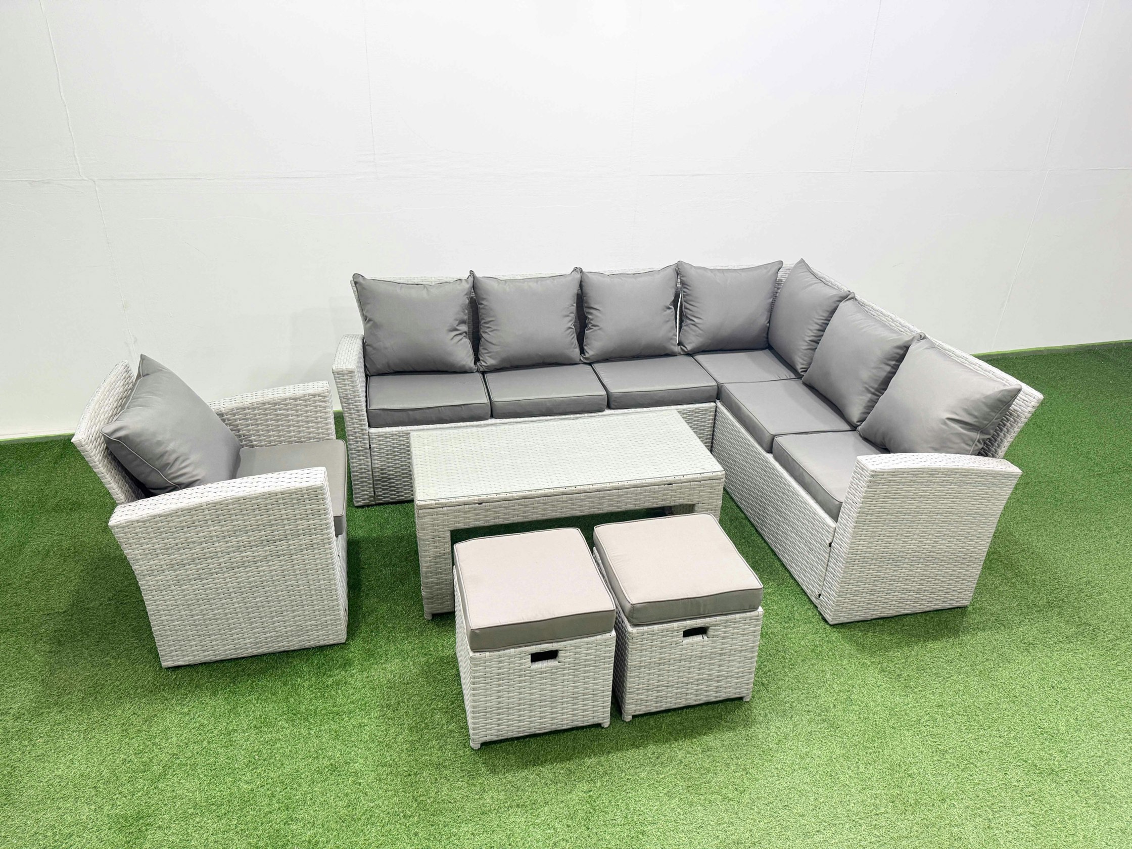 Rackhams Light/Grey Rattan Garden Furniture Set 6 Pieces Outdoor Garden Sofa Oblong Coffee Table Set With Chair 2 Small Footstools Mixed