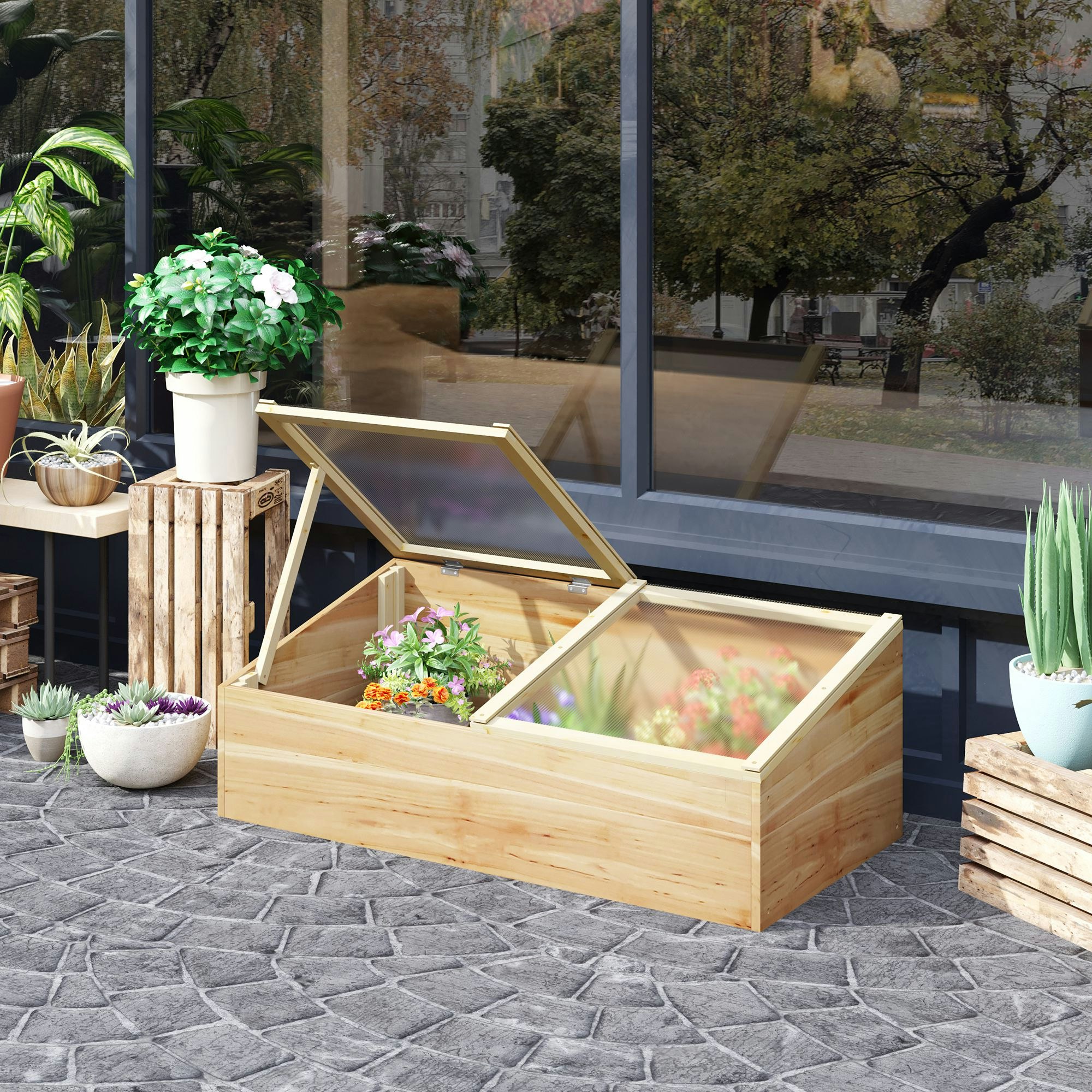 Rackhams Light Wood Cold Frame Greenhouse Garden Polycarbonate Grow House, Natural