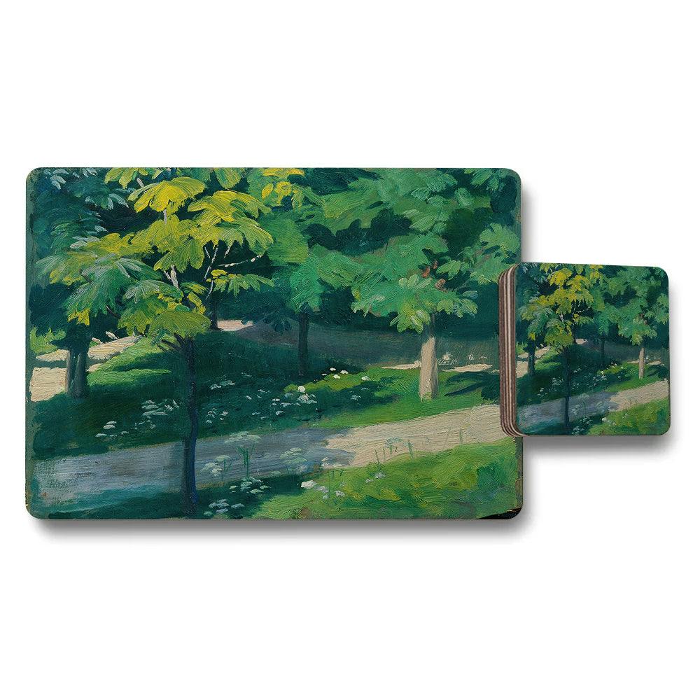 Rackhams Green Forest Landscape Placemats And Coasters Set With Tree Scene