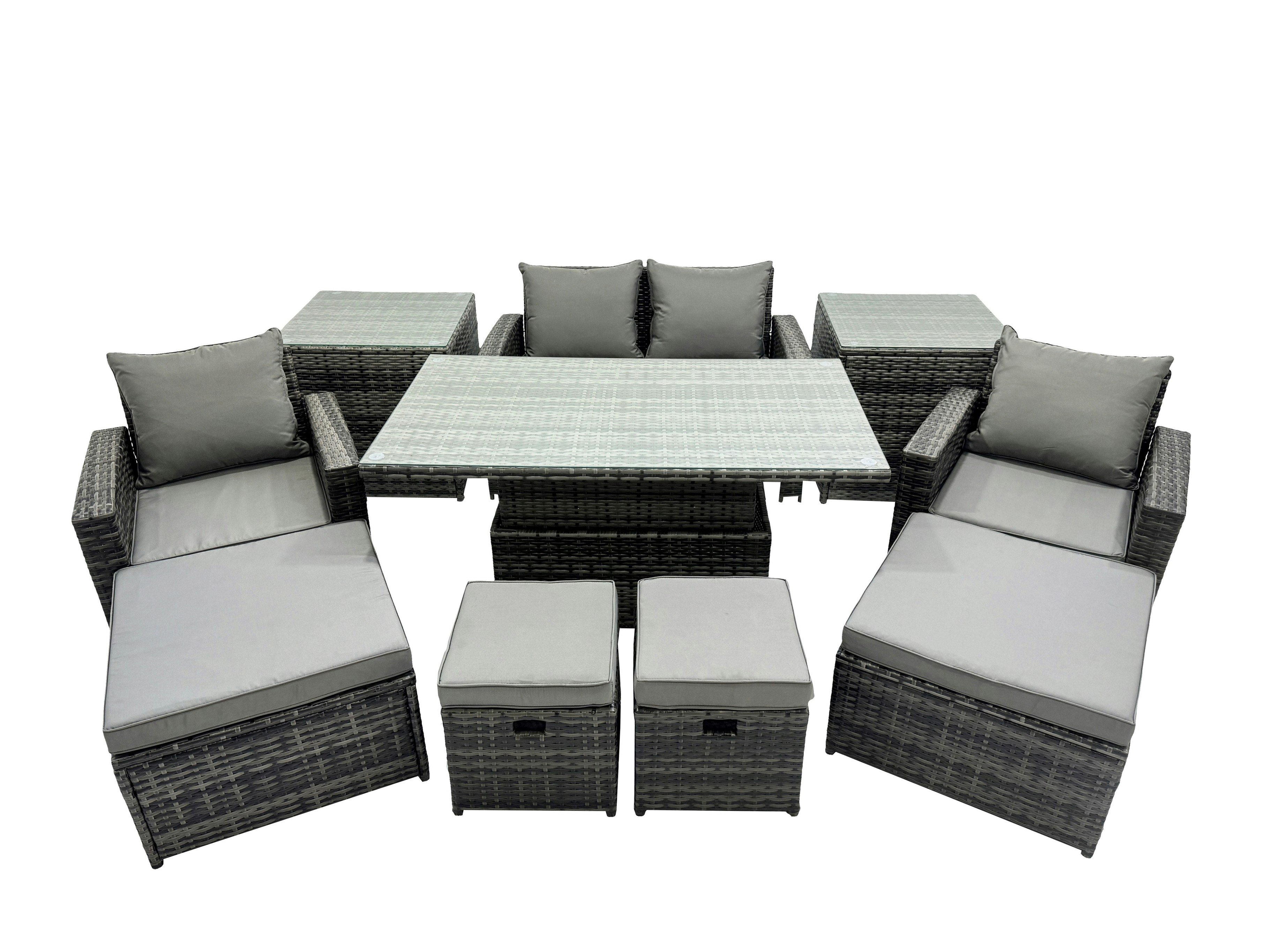Fimous Dark/Grey 8 Seater Outdoor Rattan Love Sofa Set With Adjustable Dining Or Coffee Table, 2 Chairs, 4 Stools & 2 Side Tables