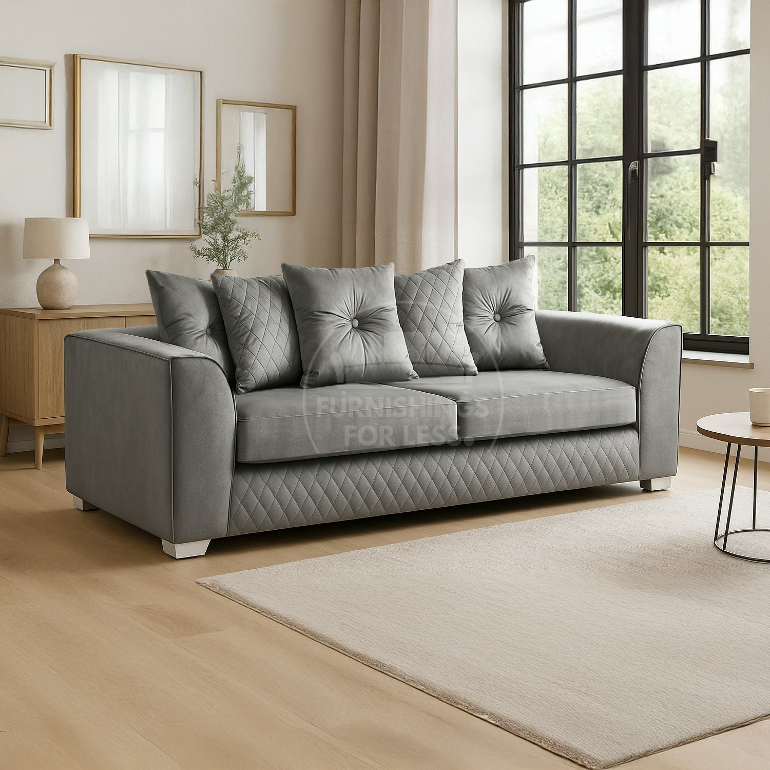 Furnishings For Less Grey Victoria Plush Velvet 3 Seater Sofa