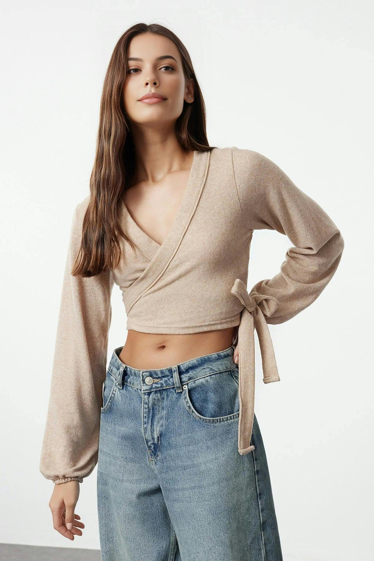 Wovcor Beige Soft Tie Detail Long Sleeve Knitted Blouse - Xs
