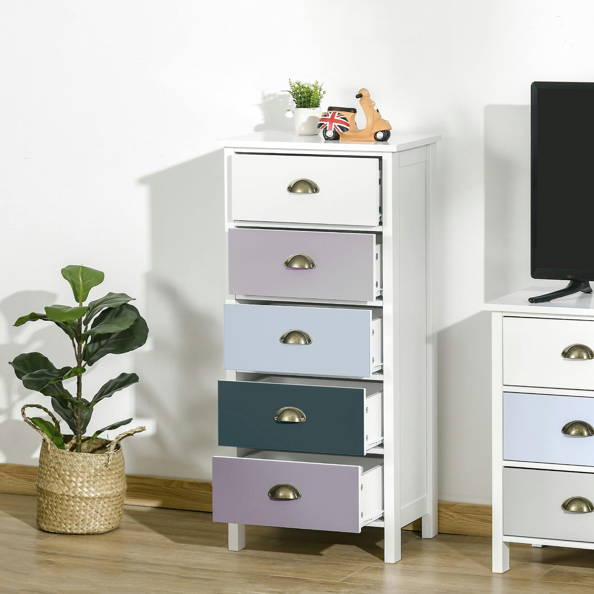 Homcom Blue Chest Of Drawers, 5 Drawer Storage Organizer Unit Bedroom,