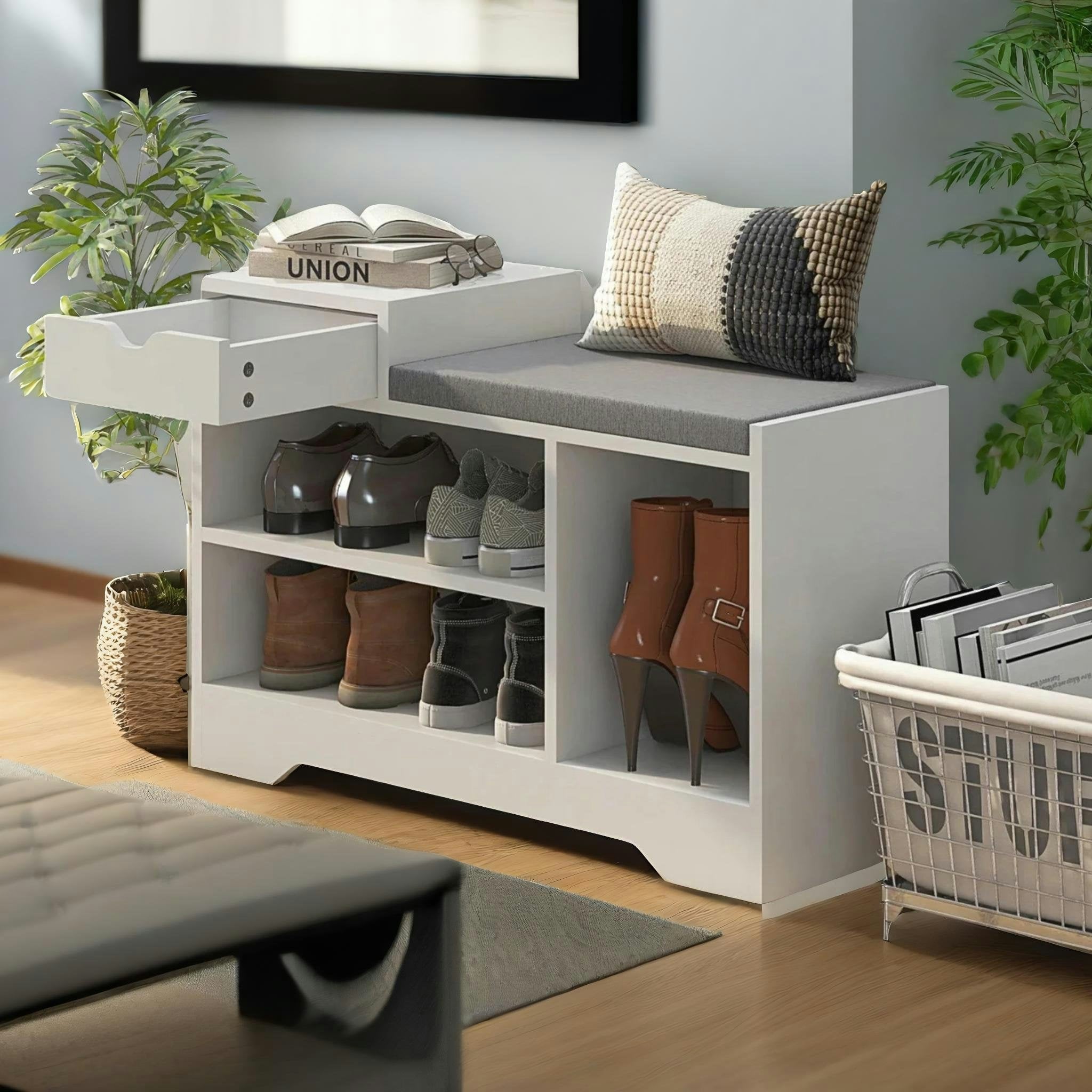 Rackhams White Industrial Shoe Storage Bench With 3 Open Shelves